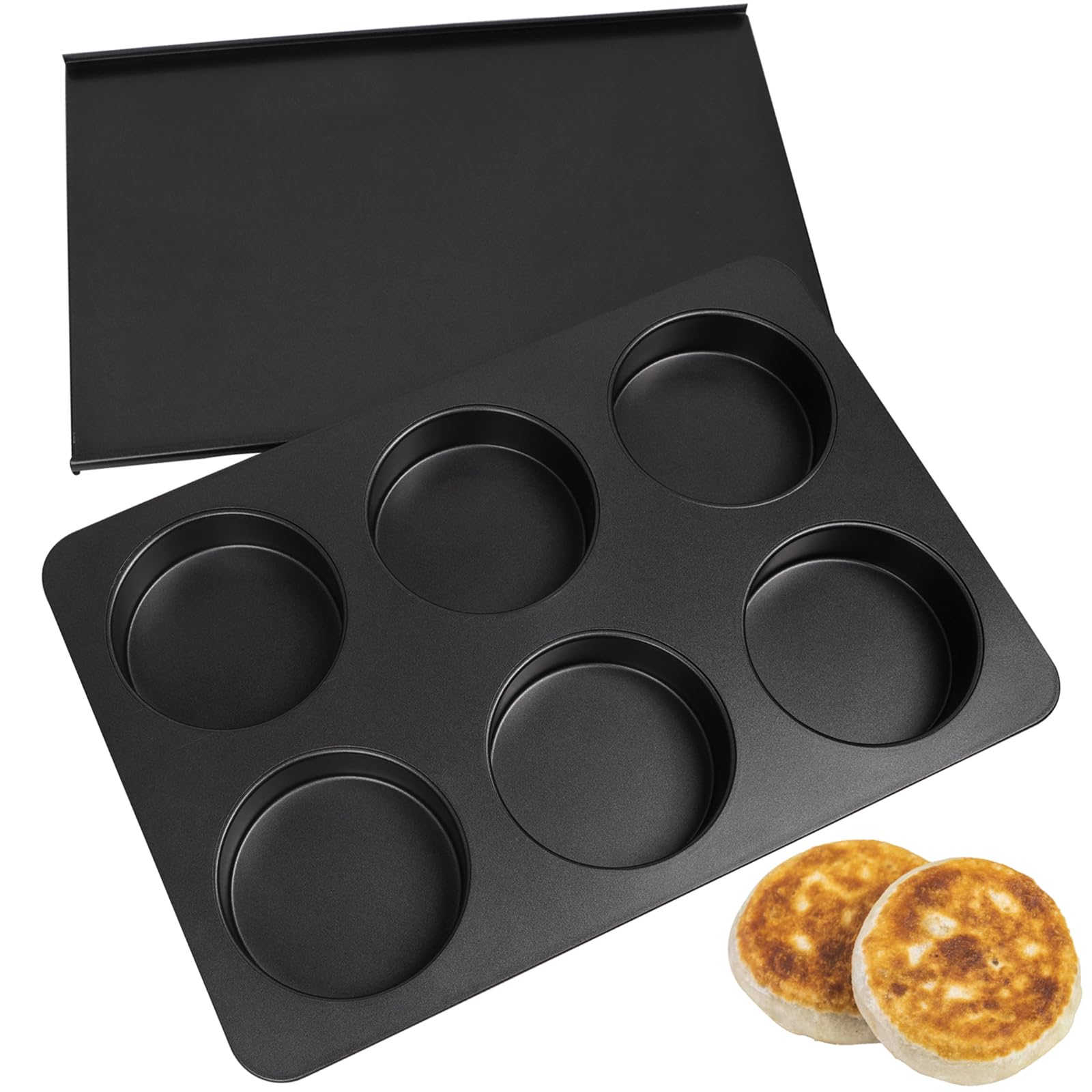 6-Cup Jumbo English Muffin Pan with Lid - Nonstick Baking Tray for Cupcakes, Burgers, Egg Sandwiches, Frittatas & More | Perfect for Home Baking, Breakfast Prep & Party Cooking
