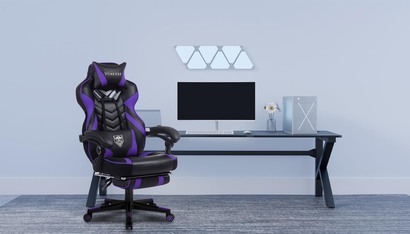 Vonesse Ergonomic Gaming Chair for Adults - High Back Computer Chair with Adjustable Footrest & Massage, Reclining Office & Gaming Chair for Big & Tall Users (Purple/Black) - Perfect for PC Gaming, Streaming & Home Office Setup