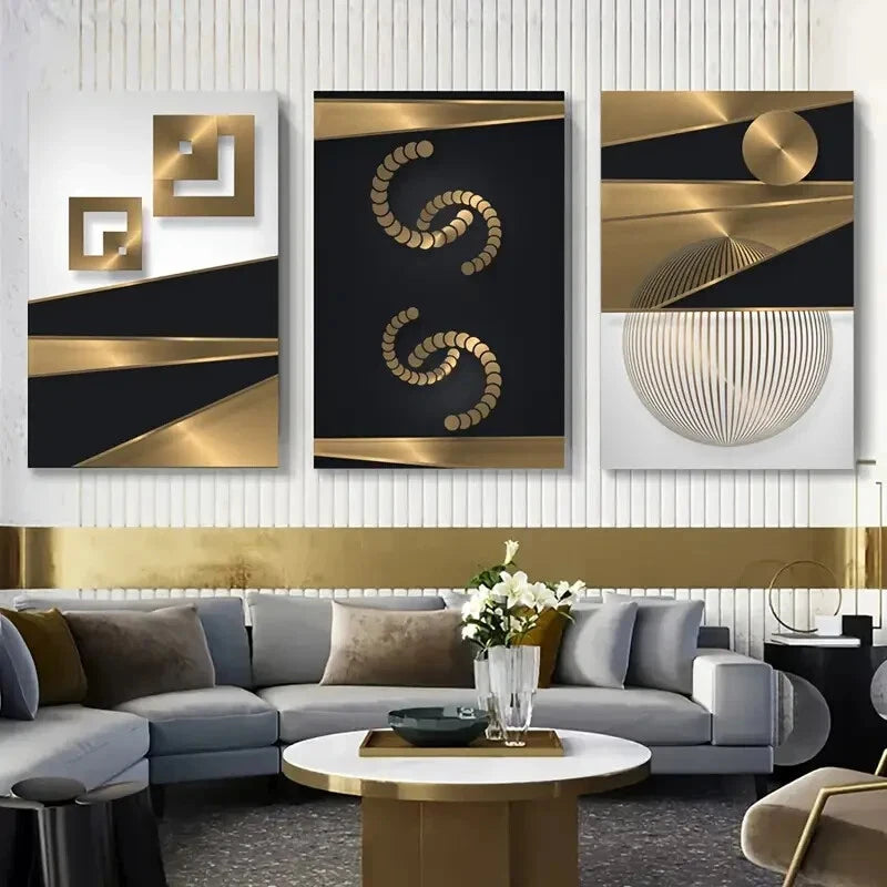 3-Piece Elegant Black & Gold Geometric Metal Wall Art - Ready to Hang Modern Home Decor for Living Room, Bedroom & Office