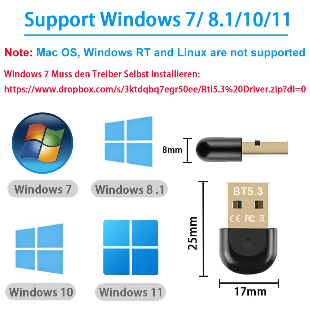 Vgggrd Bluetooth 5.3 USB Adapter for PC - Wireless Dongle Compatible with Windows 11/10/8.1, Headphones, Mouse, Keyboard, Game Controller & Printers - Plug & Play for Laptop, Desktop, Smartphone & Tablet - Perfect for Home Office, Gaming & Wireless Connectivity