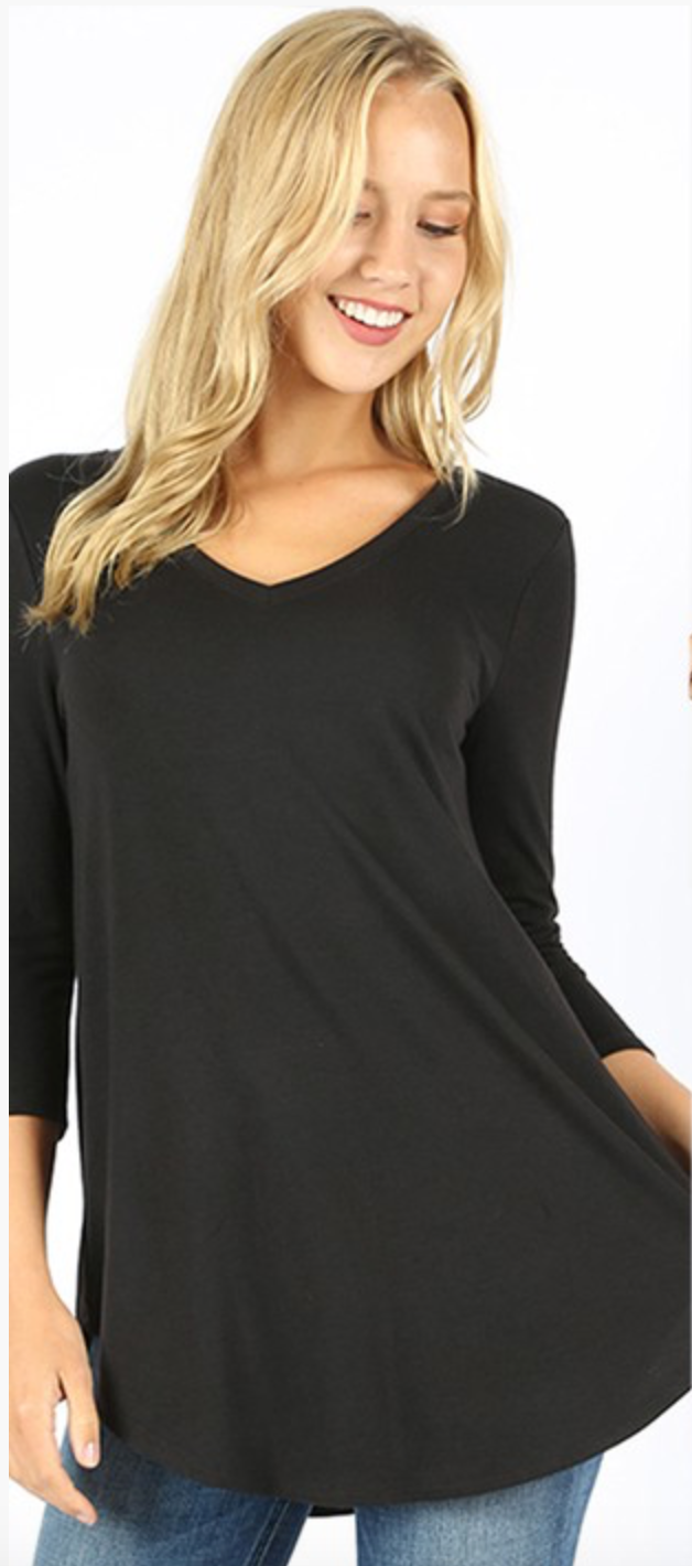 Plus Size 3/4 Sleeve V Neck Scoop Front & Back Flowy Blouse - Comfortable Women's Tops for Work, Casual Outfits & Special Occasions
