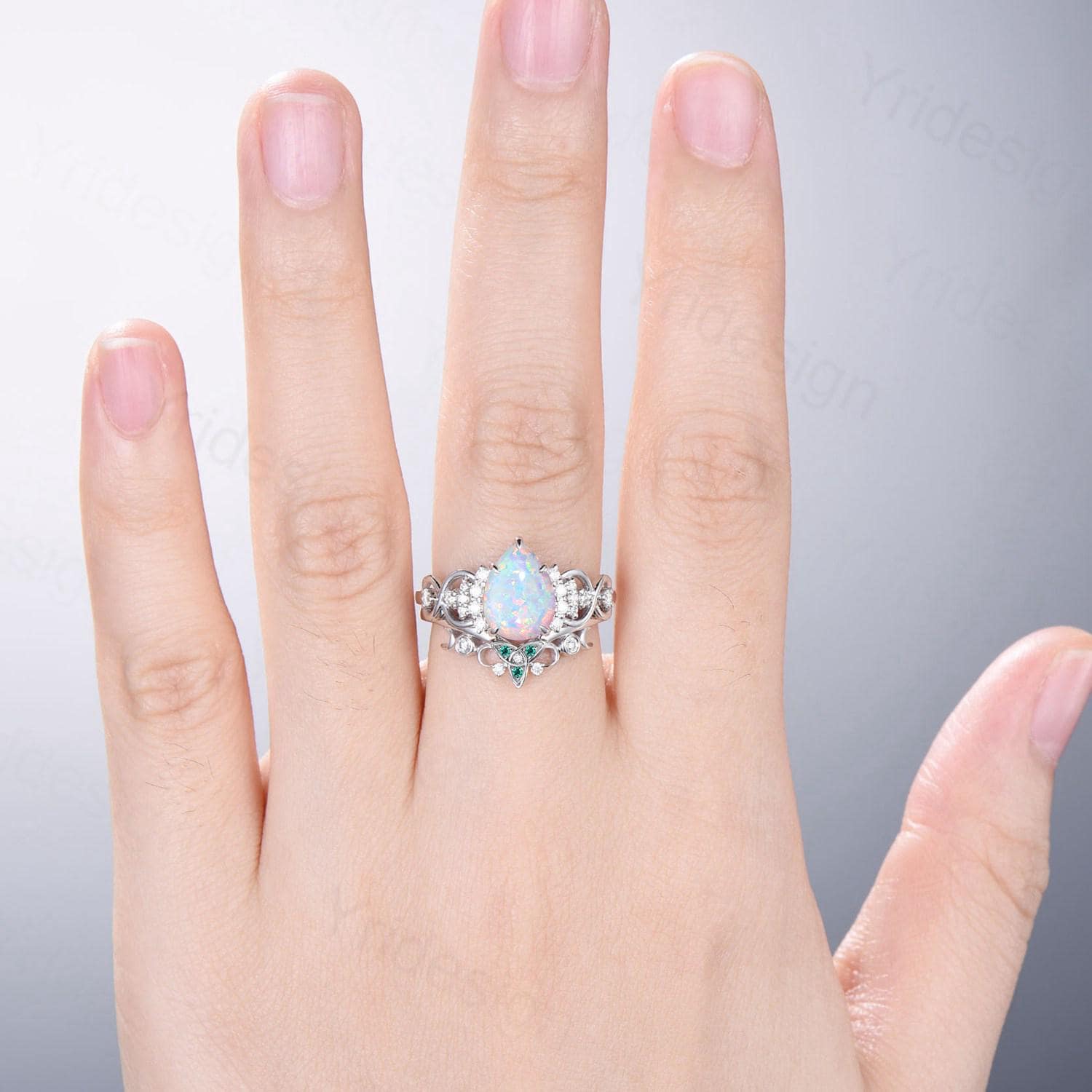 2 Carat Pear Shaped White Opal Ring Set - 14K White Gold Celtic Love Fire Opal & Emerald Engagement Ring - Norse Viking Infinity Bridal Jewelry Set for Weddings, Anniversaries & Special Occasions