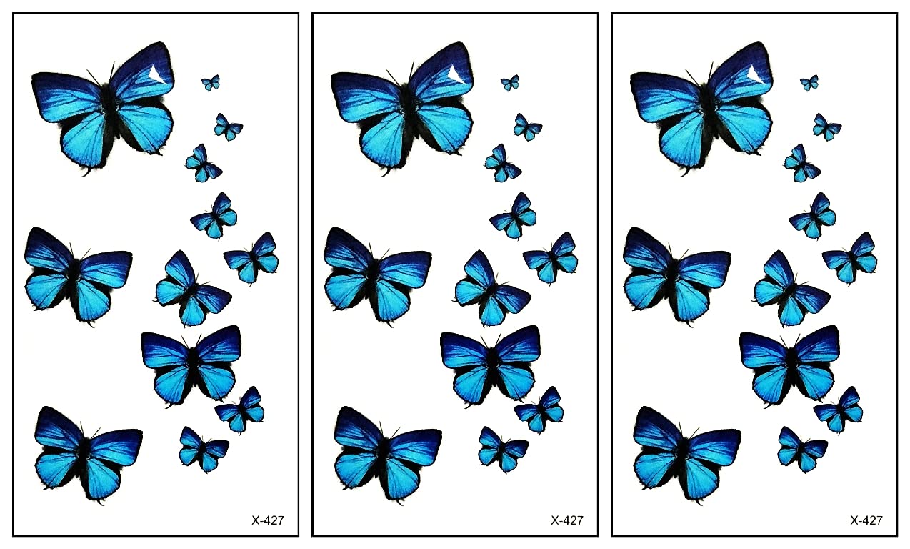 ONCEX Mini 3 Sheets Realistic 3D Blue Butterfly Temporary Tattoos - Waterproof Fake Body Art Stickers for Men & Women (4.1x2.3 Inch, Mix Colors) - Perfect for Festivals, Parties, Costumes and Summer Beach Looks