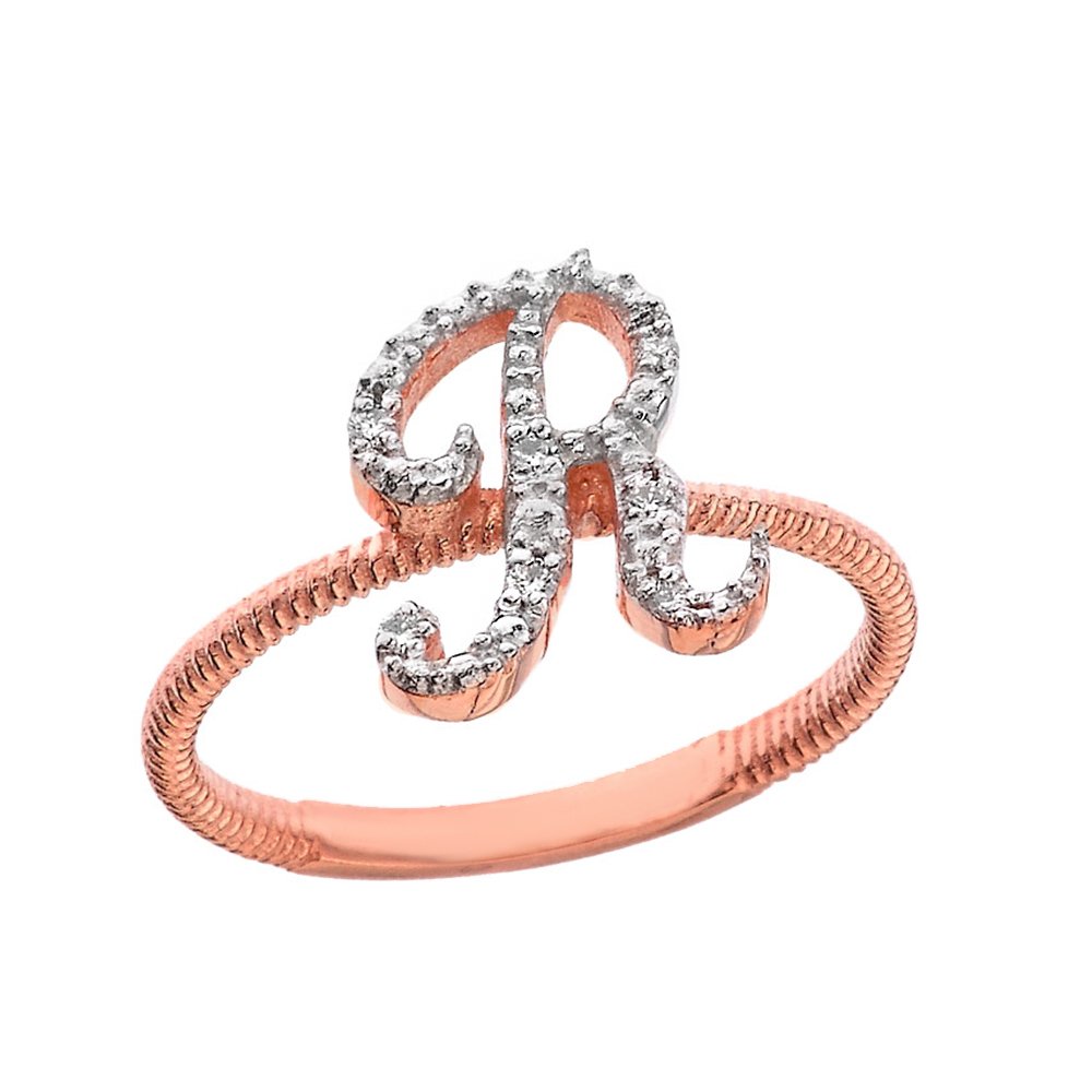 10K Rose Gold Diamond Initial Letter R Ring for Women - Stackable Rope Design Jewelry Gift for Anniversary, Birthday & Everyday Wear