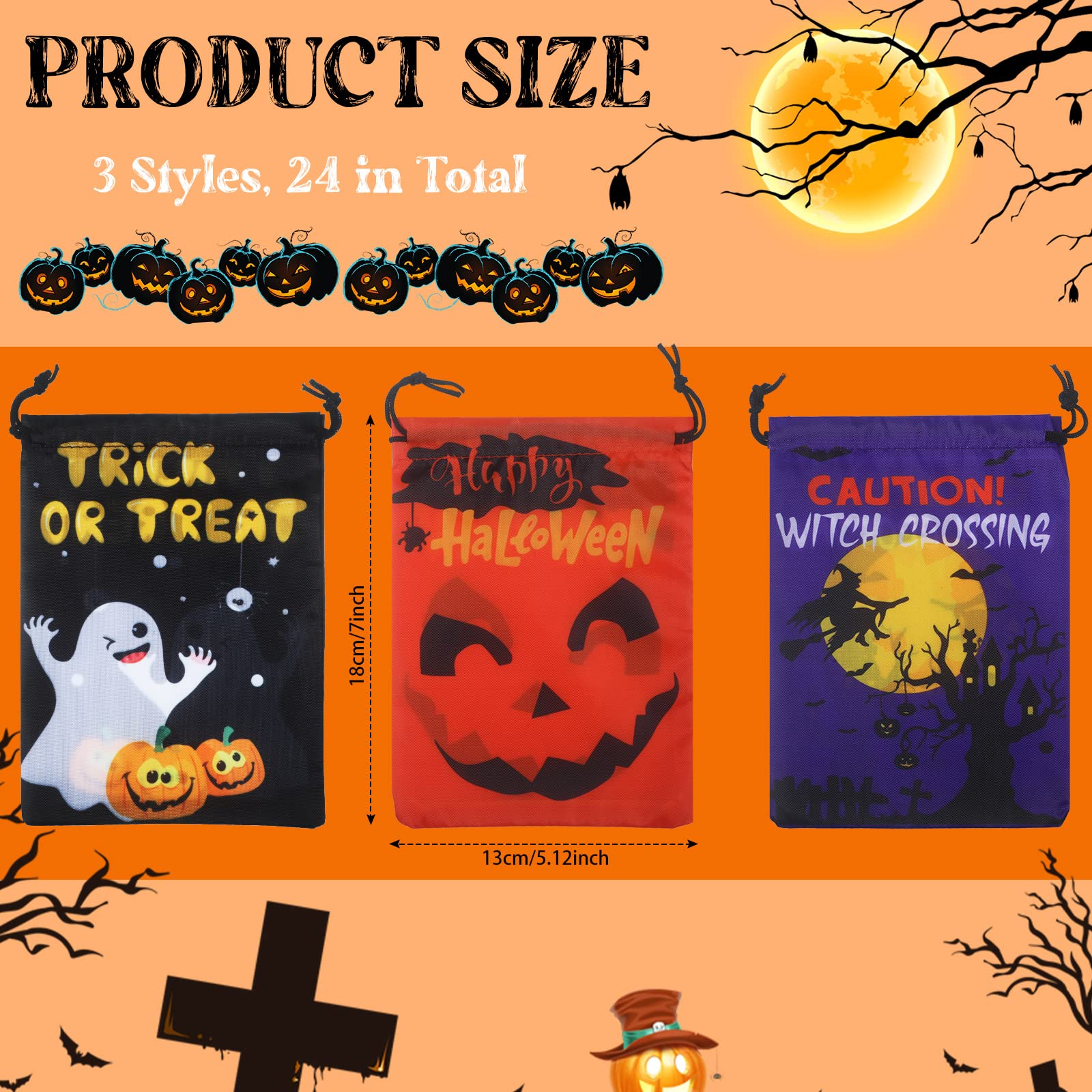 Leifide 24 Pcs Halloween Drawstring Candy Bags - 7x5 Inch Trick or Treat Treat Bags, Pumpkin Goodie Bags for Halloween Party Favors, School Events & Classroom Treats