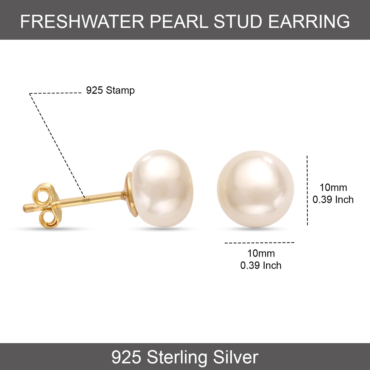LeCalla 925 Sterling Silver Freshwater Pearl Stud Earrings for Women | Round White Pearls | 14K Gold Plated Jewelry | Handpicked Freshwater Cultured Stud Pearl Earrings (5mm-10mm) | Elegant Gift for Wedding, Anniversary & Everyday Wear