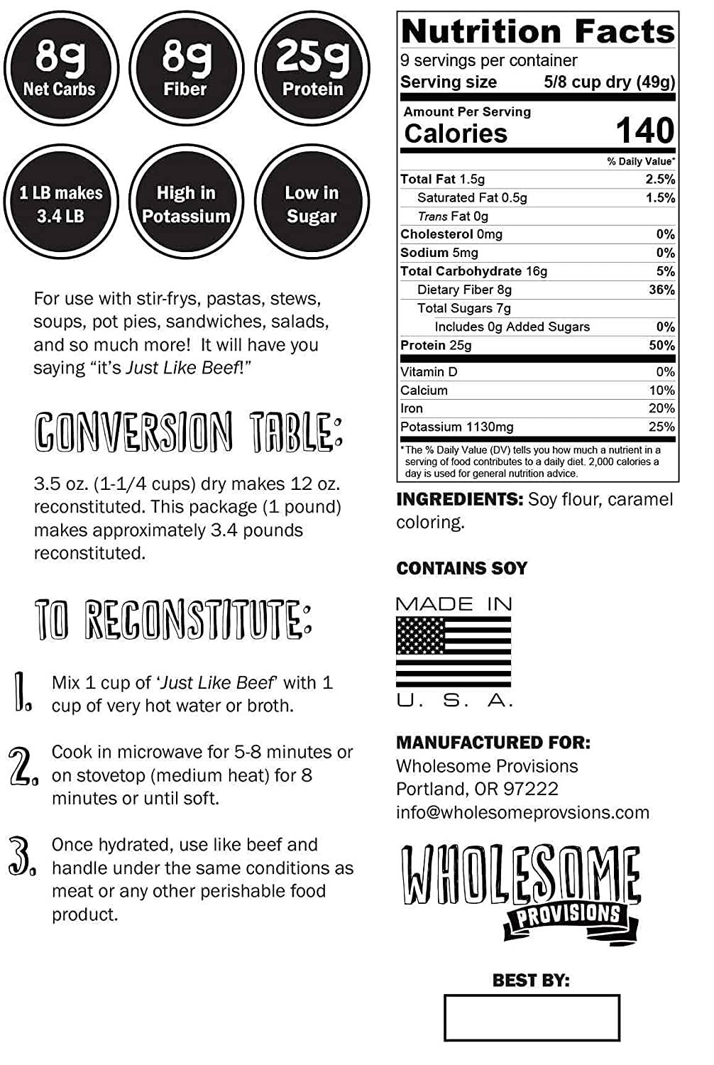 **Wholesome Provisions Textured Vegetable Protein - Vegan Meat Substitute, 100% Hexane-Free, Non-GMO, Gluten-Free, Made in USA - Perfect for Vegan Burgers, Tacos, and Stir-Fry (1 Package)**