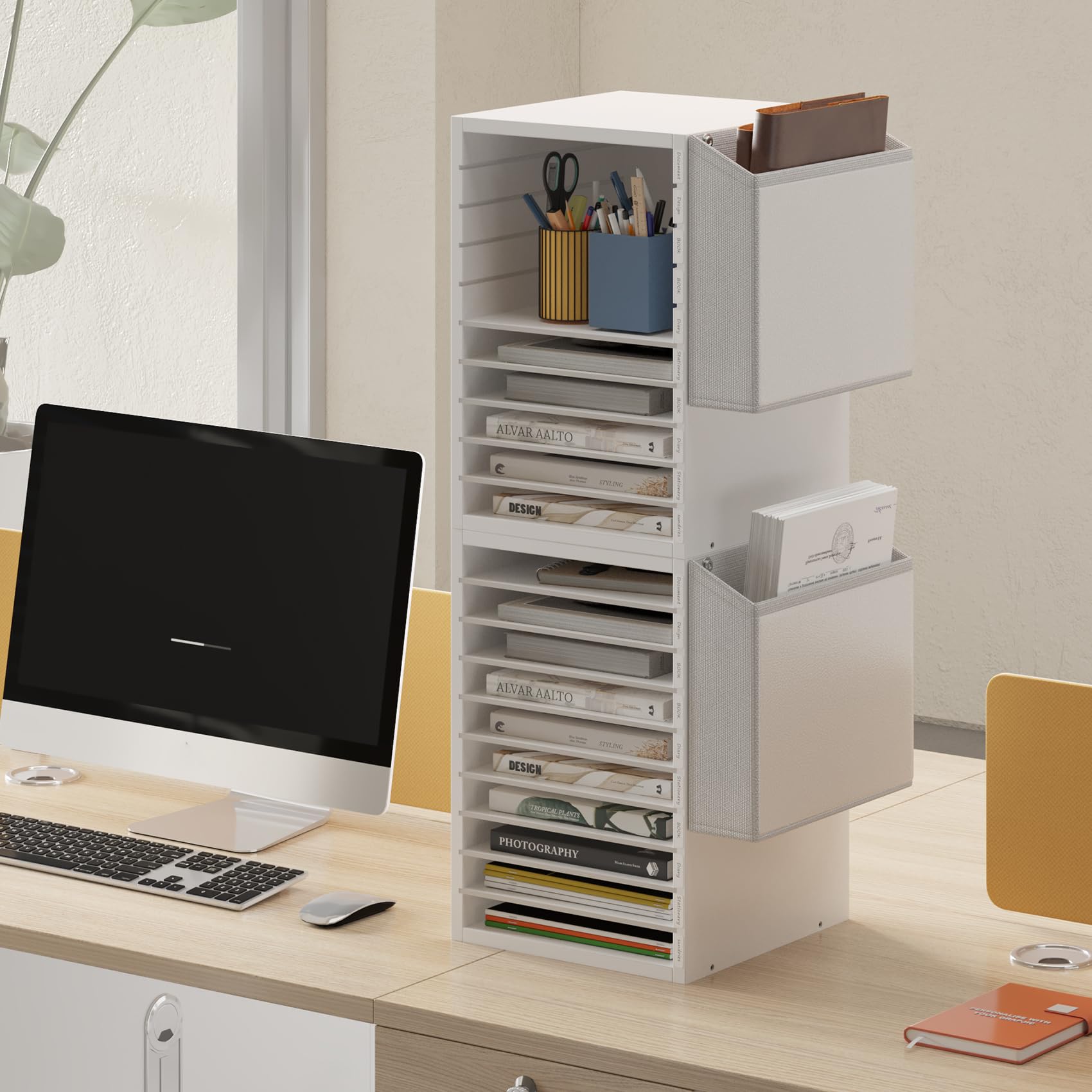 Wooden 10-Tier Adjustable Mail Sorter with Storage Bag - Office Paper Organizer, Classroom Mailbox for Teachers - Perfect for Desk Organization in Office, Study, or Home Workspace