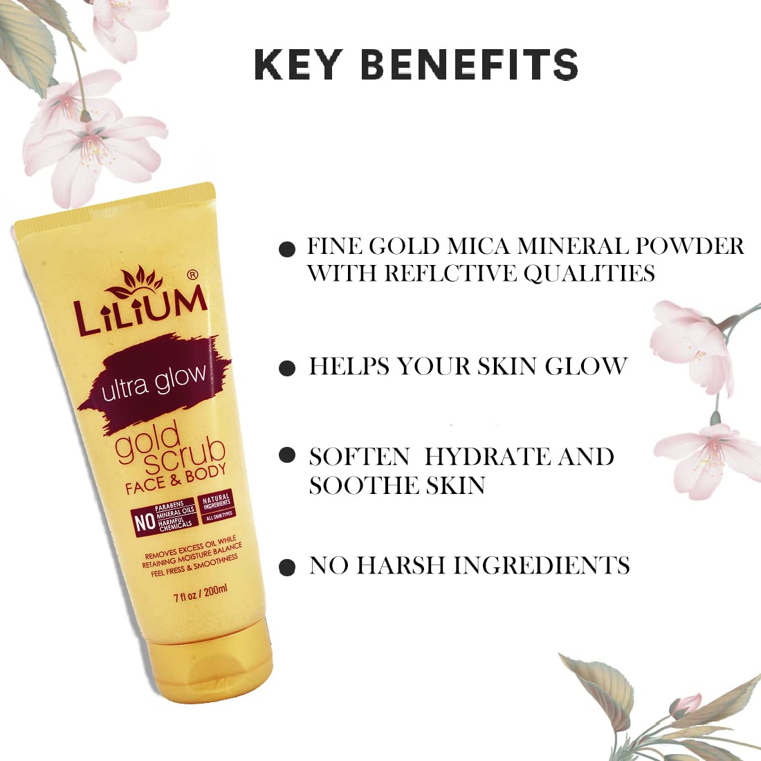 Lilium Gold Face & Body Scrub 200ml - Natural Exfoliator for Glowing Skin, Fresh & Smooth Feel, Paraben-Free & Chemical-Free - Pack of 2 - Perfect for Daily Skincare Routine & Spa Treatments