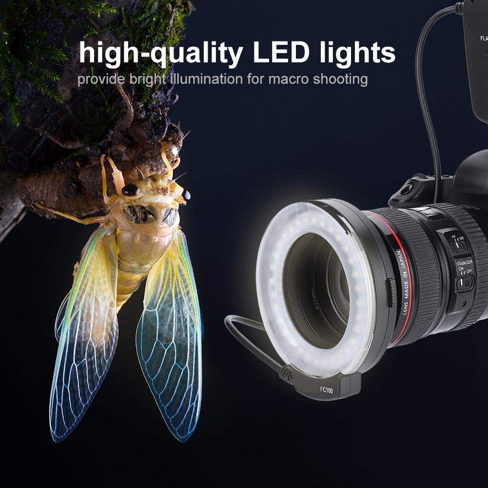 FC-100 Portable LED Macro Ring Flash 5500K Adjustable Brightness Speedlite with 8 Adapters - Camera Fill Light Kit for Canon & Nikon DSLR - Perfect for Macro Photography, Product Shooting & Video Lighting