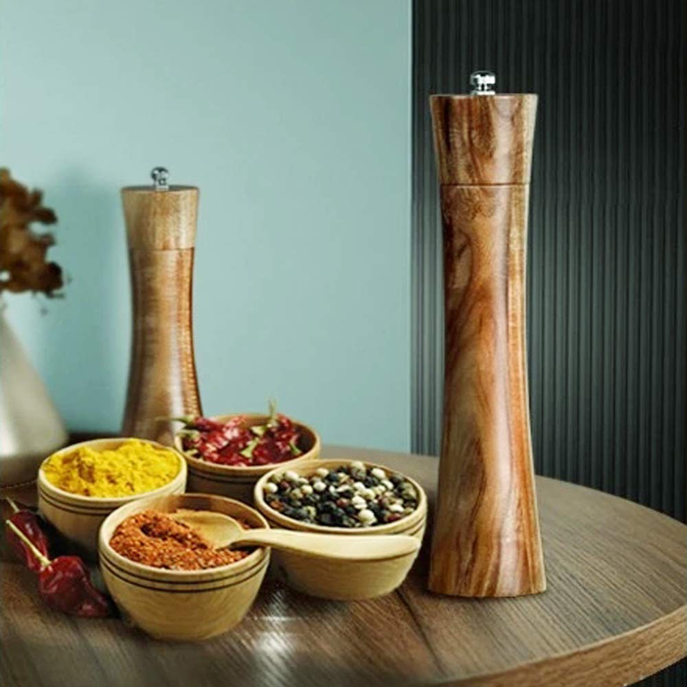 Premium Acacia Wood Salt and Pepper Grinder Set - 8 Inch Adjustable Manual Mill with Ceramic Core - Perfect for Kitchen, BBQ, Picnic, Restaurant & Dinner Parties (2 Pack)