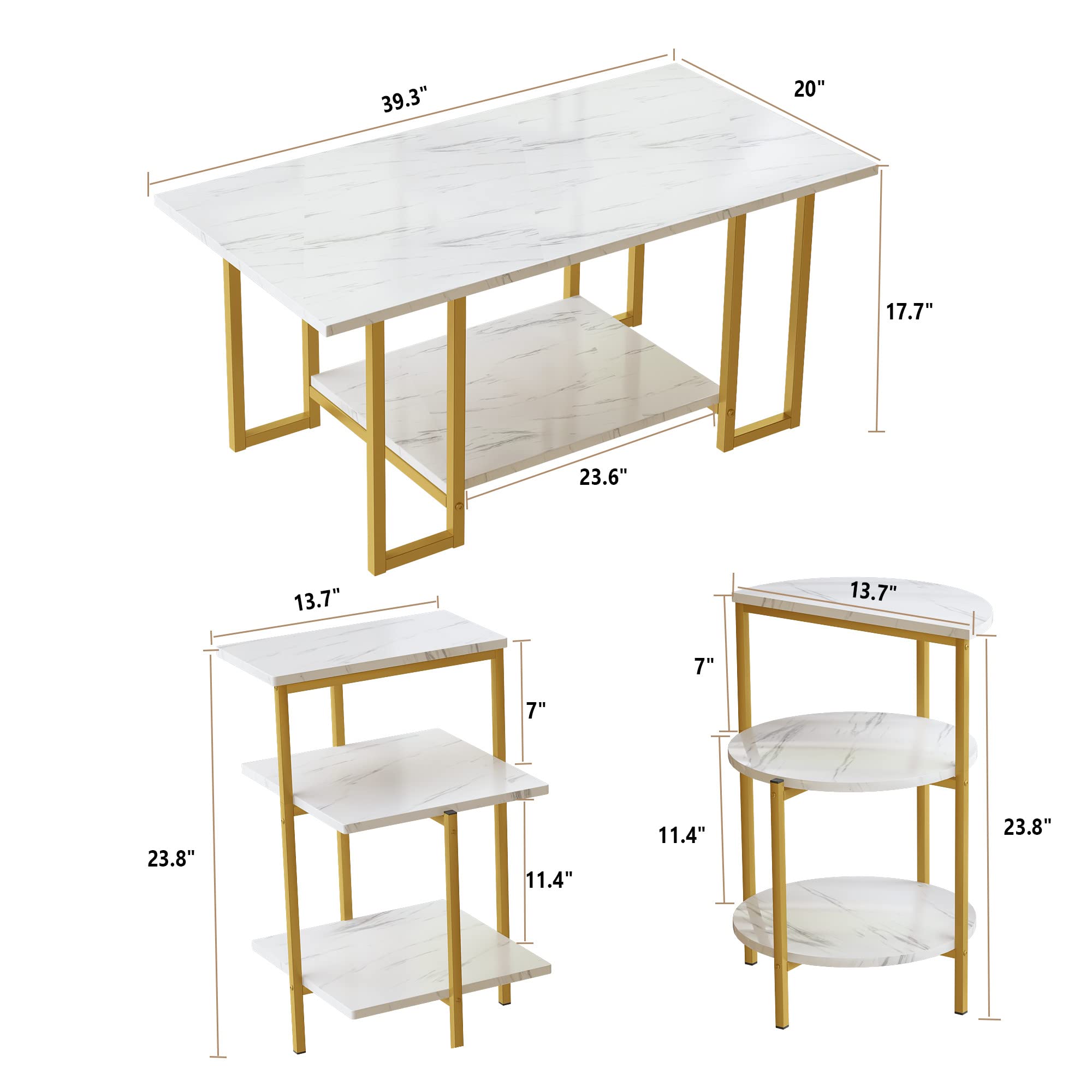 Stylish AWQM Faux Marble Coffee Table Set with 2 Side Tables - White & Gold Metal Frame 3-Piece Living Room Furniture for Apartments | Perfect for Small Spaces, Modern Decor & Entertaining Guests