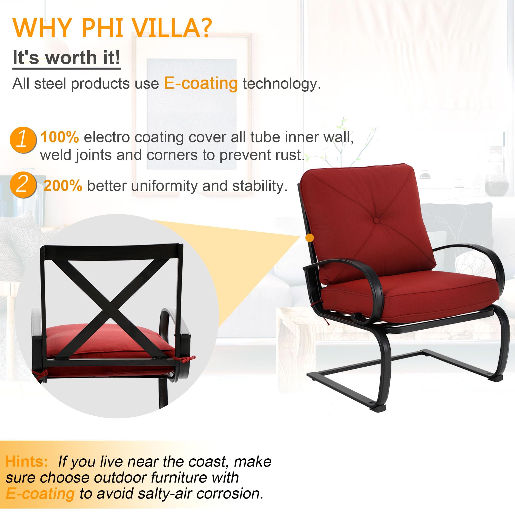 PHI VILLA 9-Piece Patio Dining Set with 8 Spring Motion Cushioned Chairs & Extendable Metal Table - Waterproof Outdoor Furniture for Garden, Backyard, Poolside & Patio (Red) - Perfect for Entertaining, Dining Al Fresco & Relaxing Outdoors