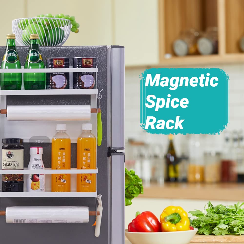 2-Tier Magnetic Spice Rack & Paper Towel Holder - White Large Refrigerator Organizer for Kitchen Storage | Space-Saving Spice Shelf for Pantry, Cabinets & Countertops