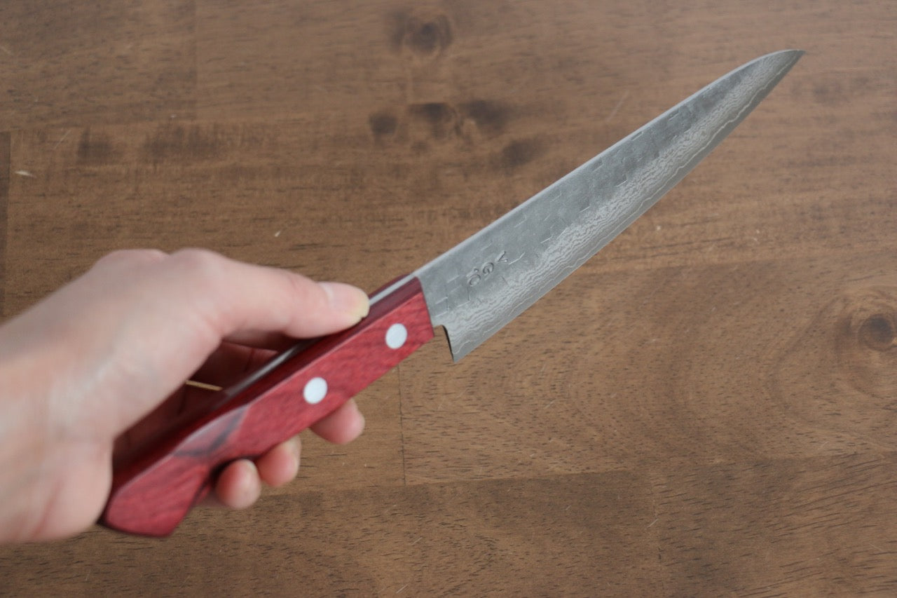 VG10 Hammered Damascus Nashiji Petty Utility Knife 160mm - Japanese Kitchen Knife with Red Pakka Wood Handle - Perfect for Slicing, Chopping & Precision Cutting Fruits, Vegetables & Boneless Meat