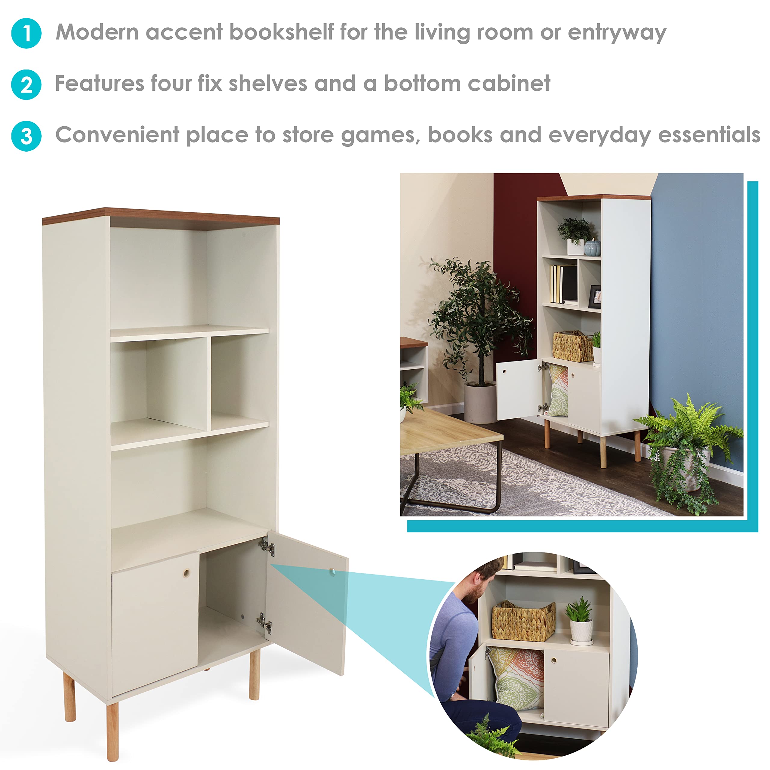 Mid-Century Modern 5-Shelf Bookcase with Storage Cabinet - Stylish Latte Wooden Bookshelf for Living Room, Bedroom, Office & Dining Room - Perfect for Home Decor, Book Storage & Displaying Decorative Items