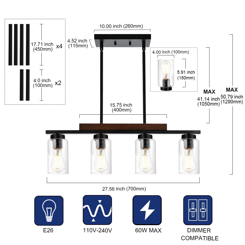 4-Lights Kitchen Island Pendant Light Fixture - Seeded Glass & Solid Wood Frame Linear Chandelier for Dining Room, Living Room - Perfect for Farmhouse, Modern & Industrial Home Decor
