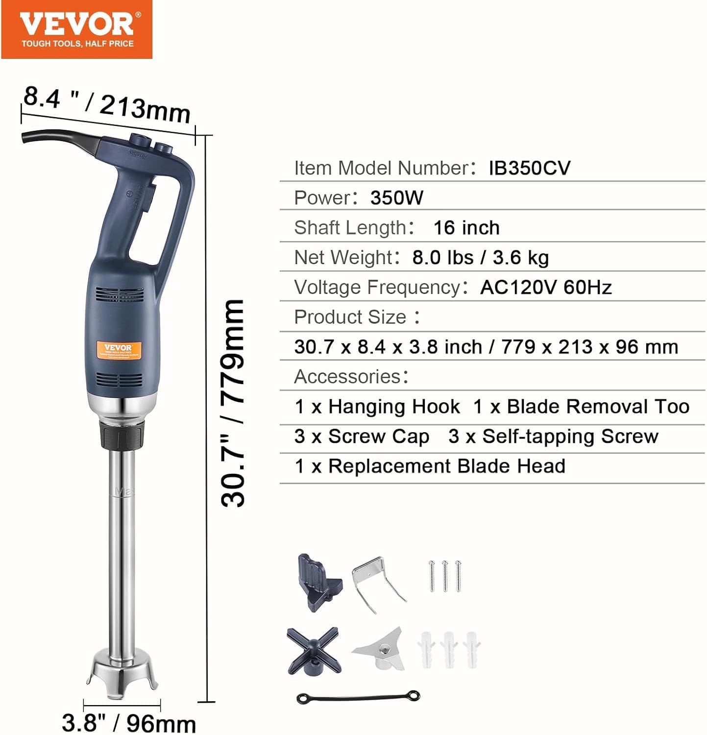VBENLEM 350W Commercial Immersion Blender - 16-Inch 304 Stainless Steel Shaft, 16000RPM Handheld Stick Mixer for Smoothies, Soups & Baking - Professional Electric Blender with Removable Shaft for Kitchen & Restaurant Use