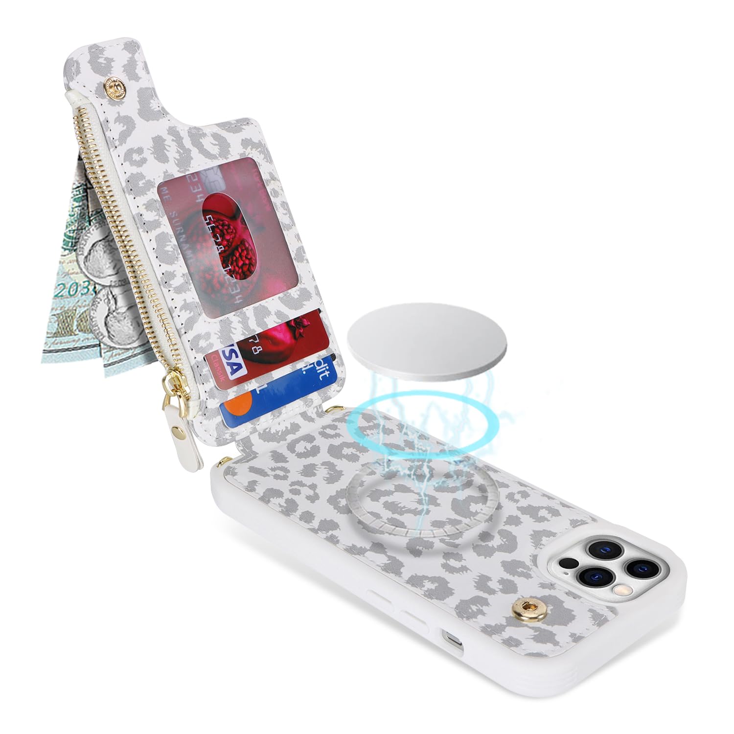 Premium Magnetic Wallet Case for iPhone 12/12 Pro - Slim Protective Cover with Card Holder & Crossbody Strap | Magsafe Compatible | Leopard White Design | Perfect for Women's Everyday Use, Travel & Shopping