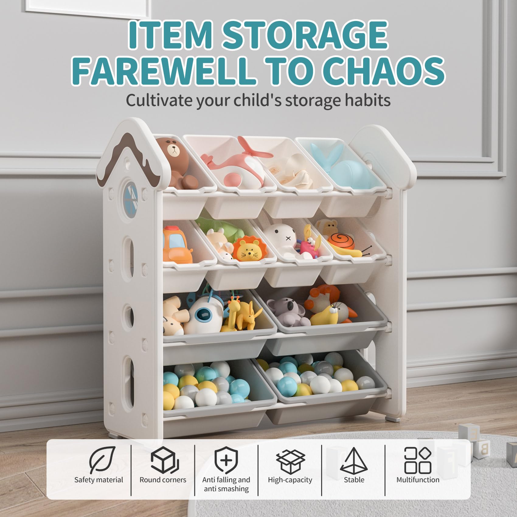 UNICOO® 4-Tier Kids Toy Storage Cabinet with 12 Bins - Montessori Style Organizer Shelf for Nursery, Playroom & Study Room - Durable White Toy Organizer for Educational Toys, Books & Crafts | Perfect for Daycare, Preschool & Homeschool Organization
