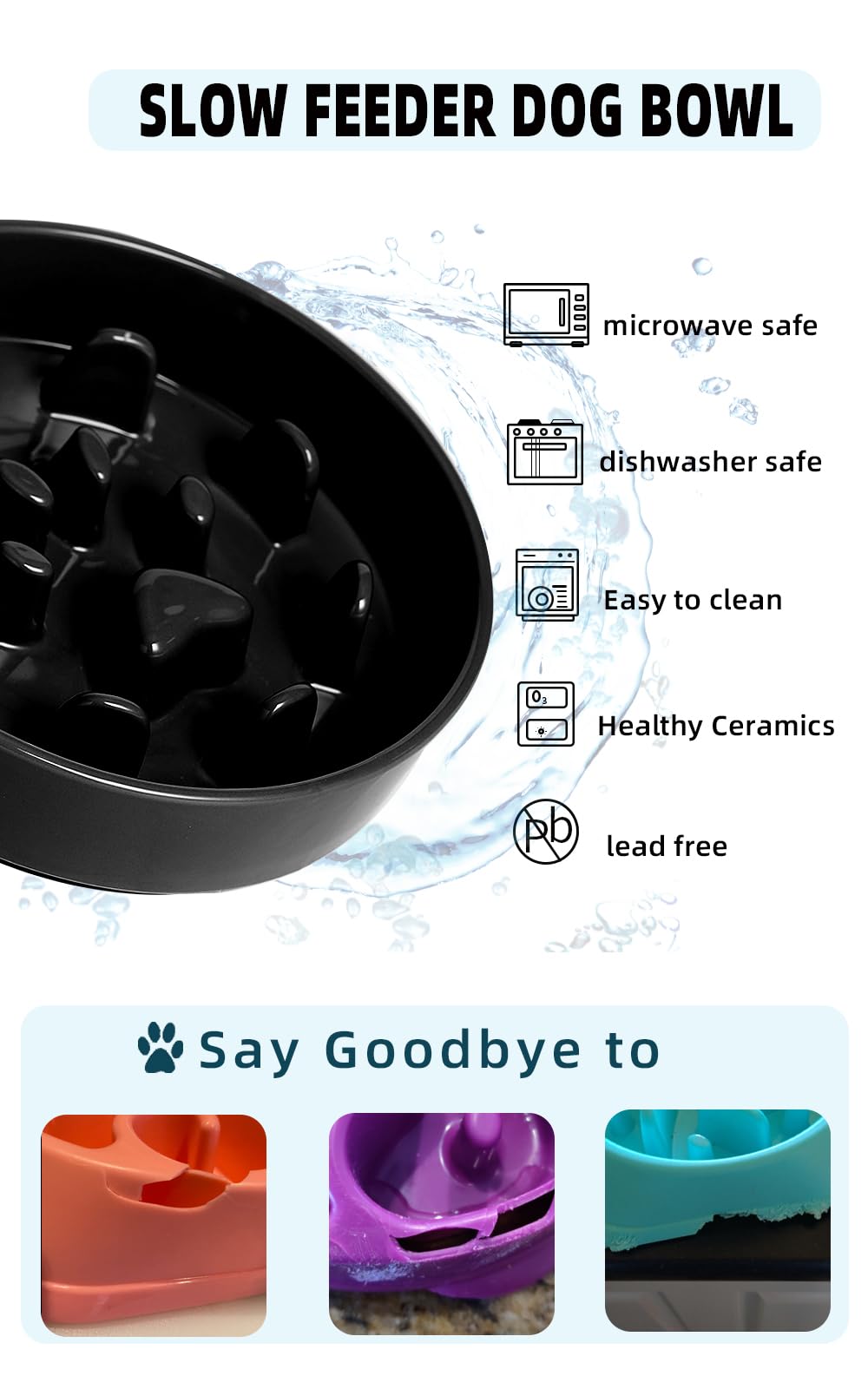 Ceramic Slow Feeder Dog Bowl with Wooden Stand - Fun & Interactive Mealtime Solution for Small & Medium Breeds (Black) | Reduce Bloat & Improve Digestion for Puppies & Adult Dogs | Perfect for Fast Eaters & Training