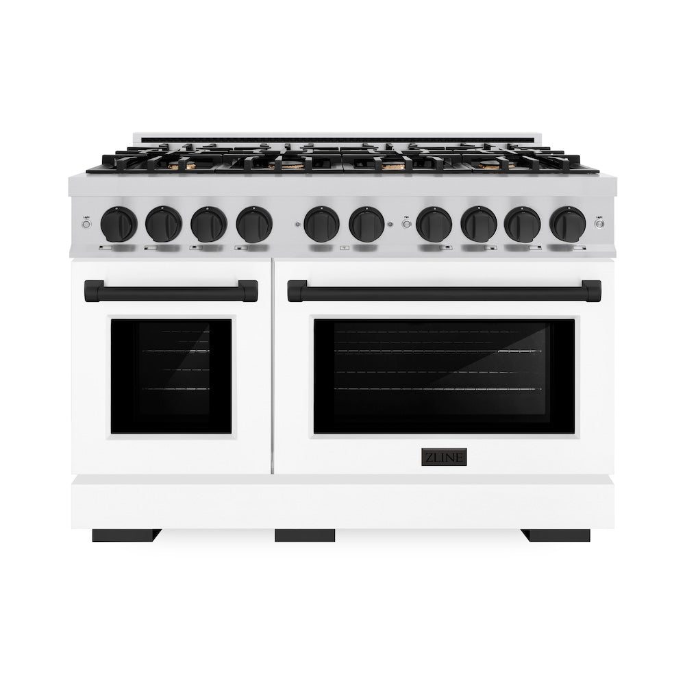 ZLINE Autograph Edition 48 Inch 6.7 Cu Ft Double Oven Gas Range with 8 Burner Cooktop - Stainless Steel with White Matte Doors & Black Accents (HGRZ WM 48 MB) - Perfect for Large Kitchens & Professional Cooking