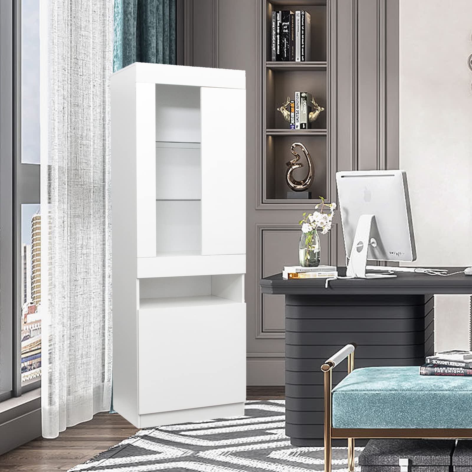 Modern Wooden Bookcase with Glass Doors - Stylish Bookshelf & Display Cabinet for Living Room, Bedroom, Office - LED Lighting Furniture Organizer (Style B) | Perfect for Home Decor, Book Storage & Showcase Display