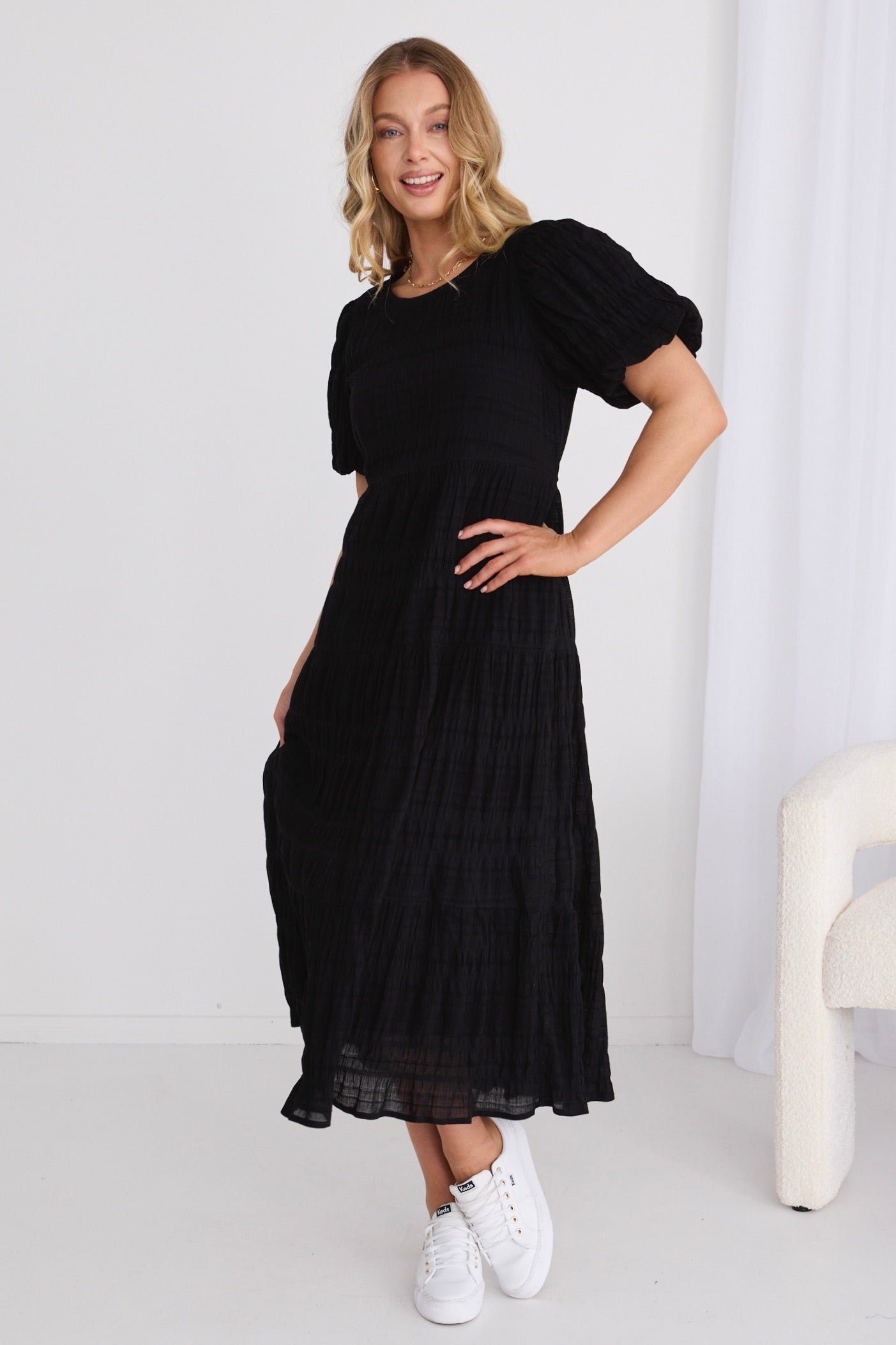Elegant Black Shirred Cotton Bubble Sleeve Tiered Maxi Dress for Women - Perfect for Summer Beach Vacations, Date Nights & Special Occasions