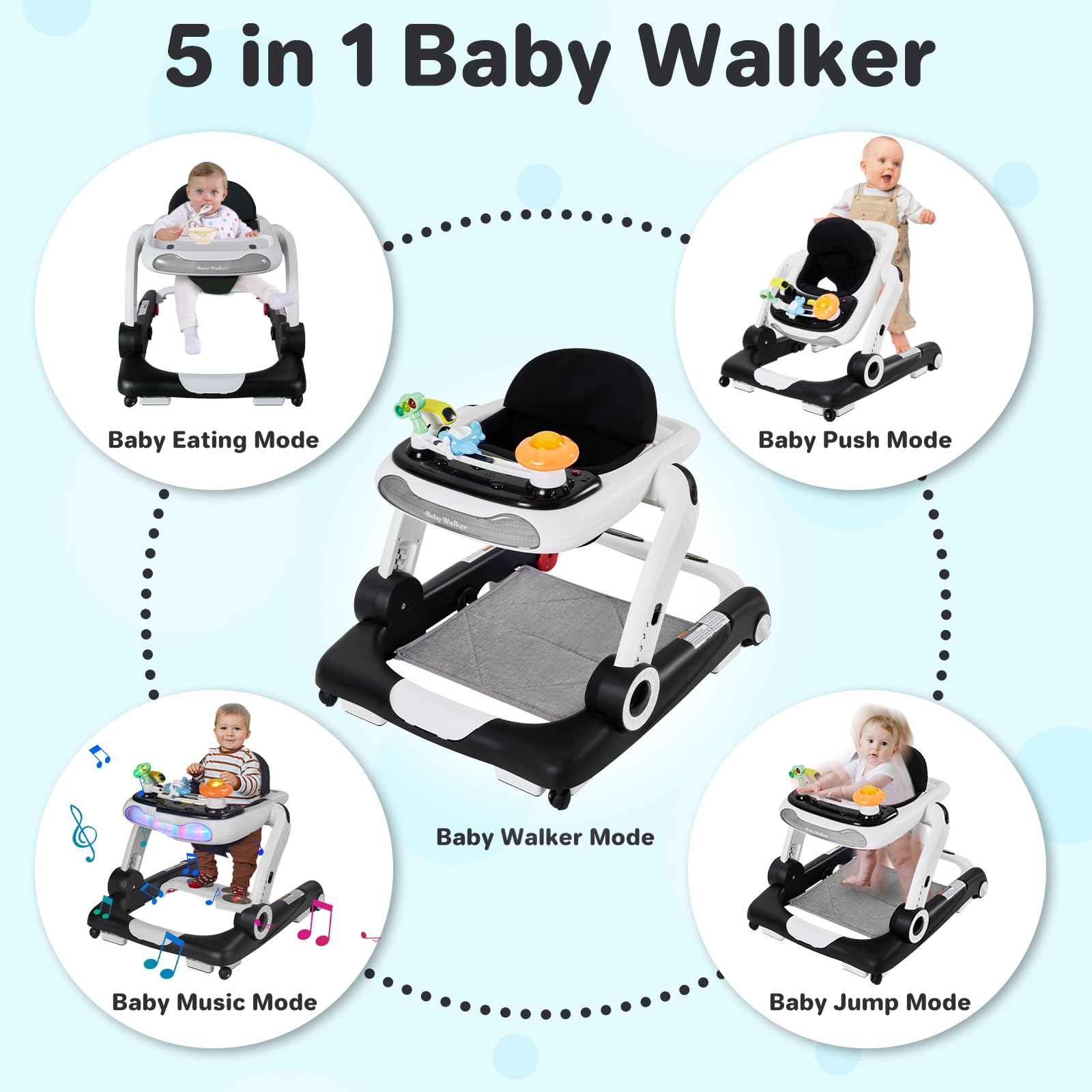 4-Gear Height Adjustable Baby Walker with Wheels - 5-in-1 Activity Center with Music & Lights - Safe Push Walker for Infants 6-18 Months (Adjustable Speed) - Perfect for Learning to Walk, Playtime & Early Development