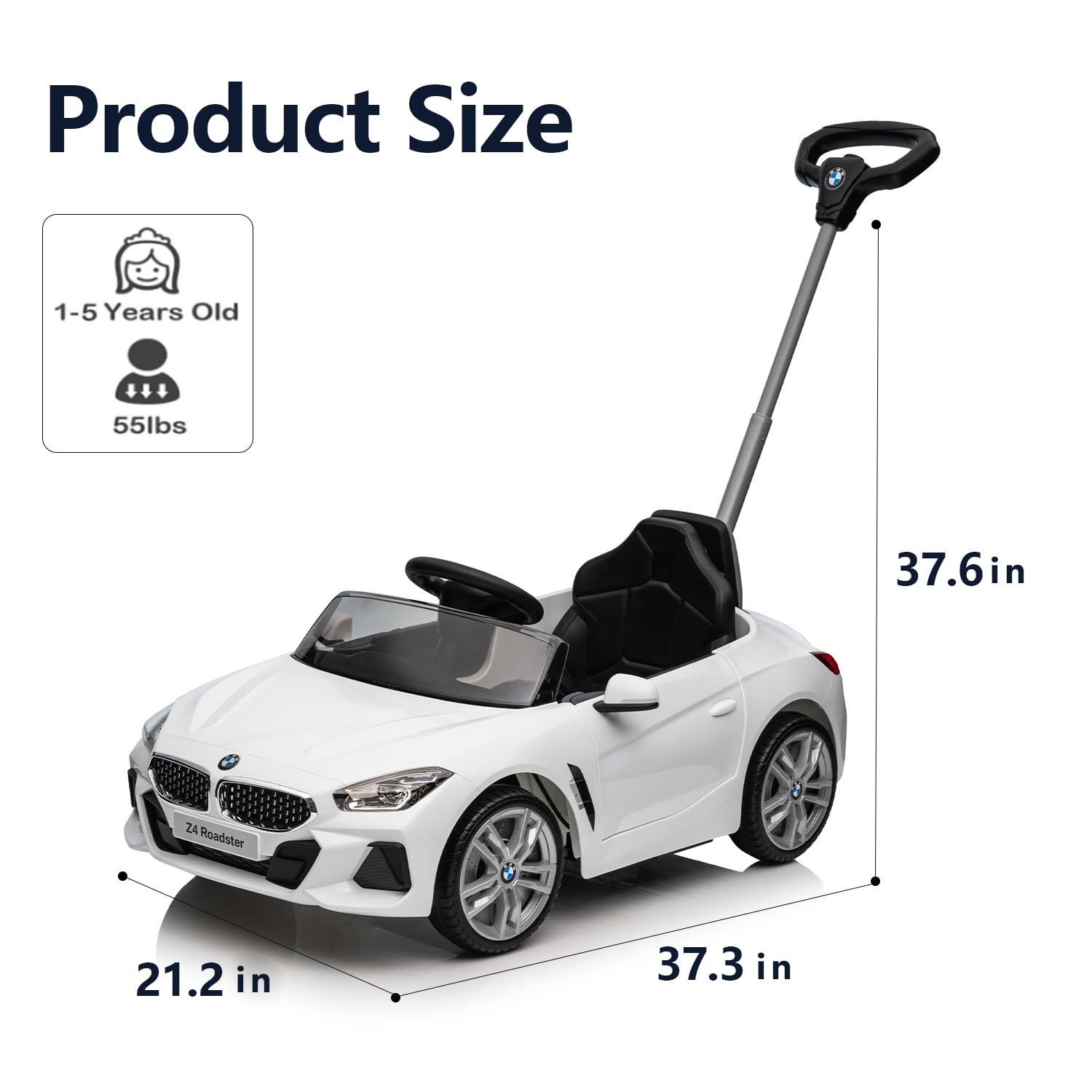 BMW Z4 Licensed Push Ride-On Car for Toddlers 1-3 Years - Adjustable Push Rod, Fun Horn & Music, Silent Wheels - Perfect Baby Birthday Gift (White) | Indoor & Outdoor Play, First Driving Experience, Pretend Play Toy for Kids