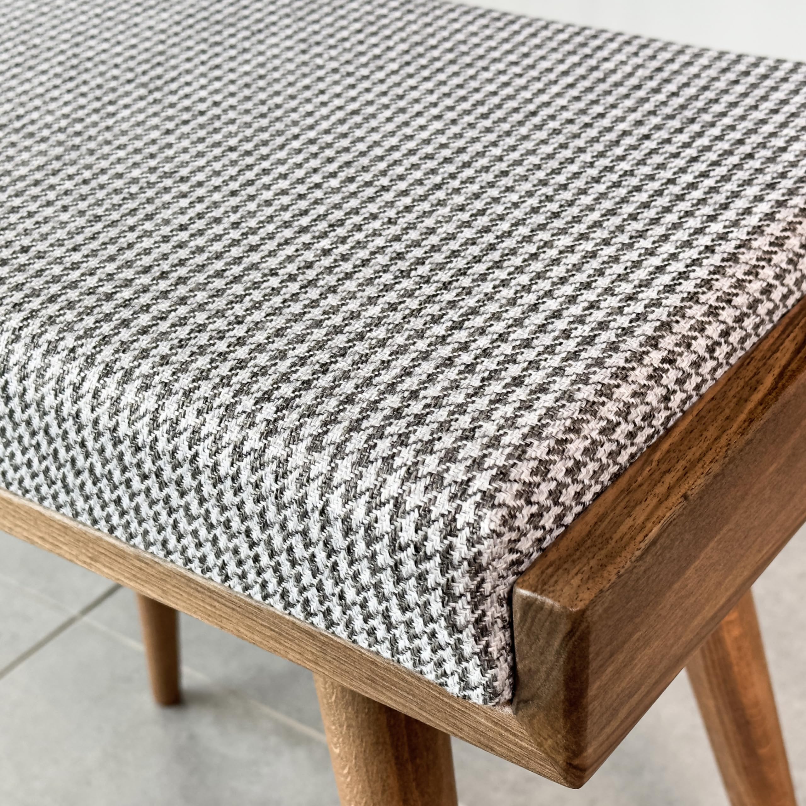 Walnut Ottoman Stool for Living Room - Upholstered Crowbar Pattern Fabric - Multi-Functional Piano Bench, Bedroom Seat & Footrest - Perfect for Home Decor, Relaxation & Extra Seating