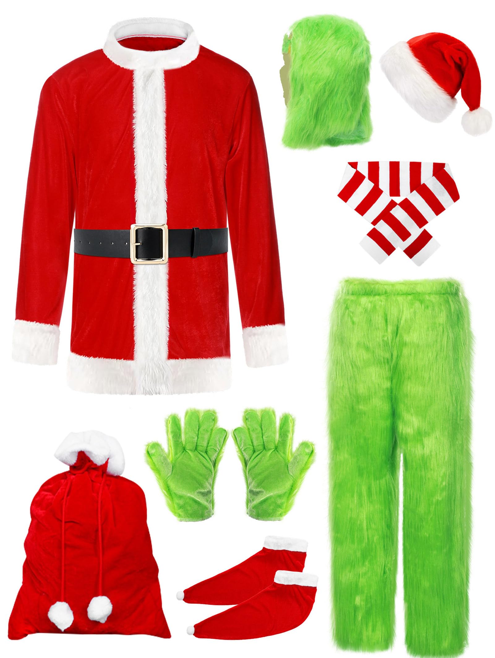 Men's Christmas Green Monster Costume - 11PCS Deluxe Furry Santa Claus Suit with Mask | Perfect for Halloween, Cosplay & Holiday Parties