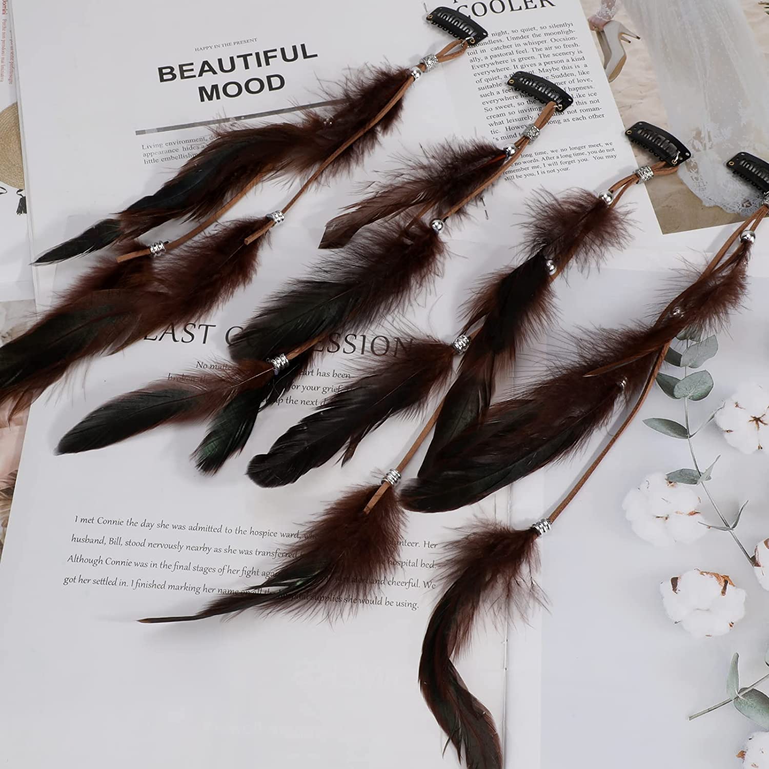 MWOOT 4Pcs Boho Feather Hair Clips for Women - Handmade Hippie Hair Accessories with Clip Comb & Indian Tassel Beads - Festival Headdress for Coachella, Raves, Concerts & Costume Parties (Brown Khaki)