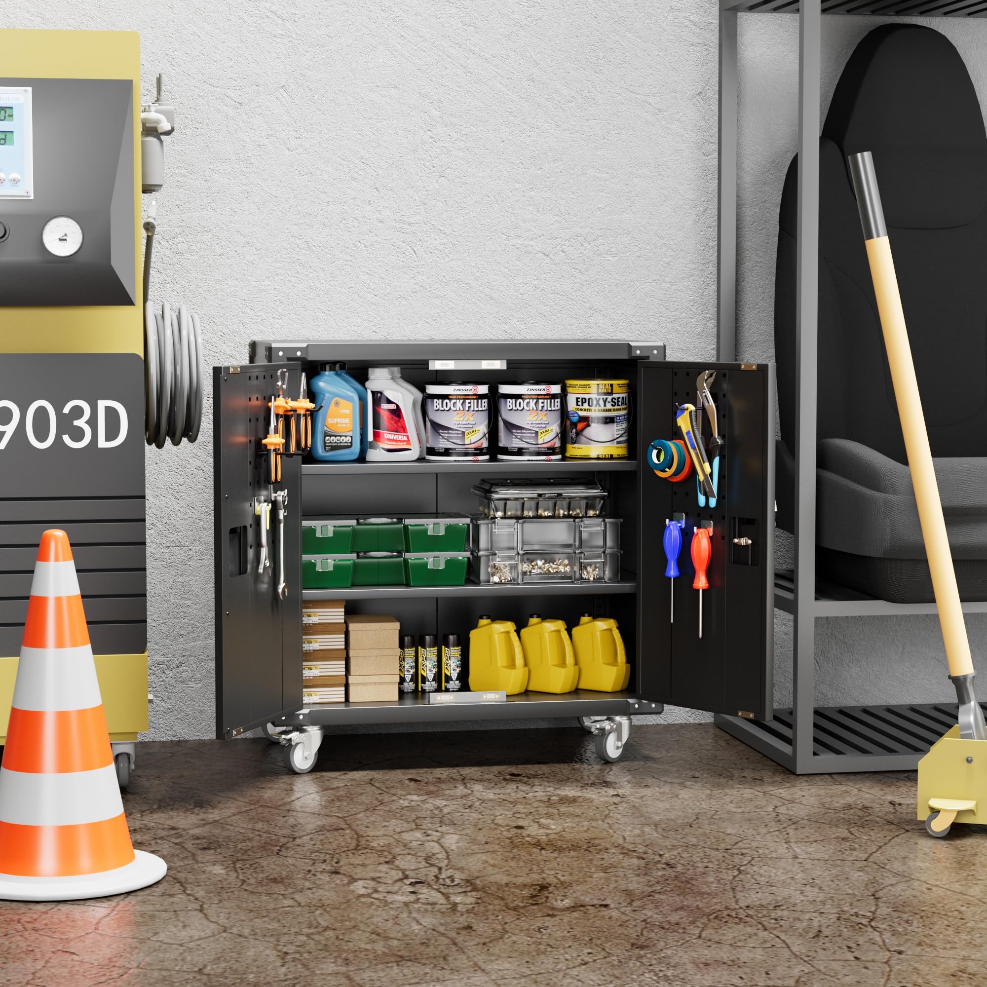 Garage Storage Cabinet - Heavy Duty 2-Door Locking Steel Tool Cabinet on Wheels with 2 Adjustable Shelves for Garage, Workshop, School & Warehouse Organization (Black) - Perfect for Storing Tools, Equipment & Supplies with Easy Mobility