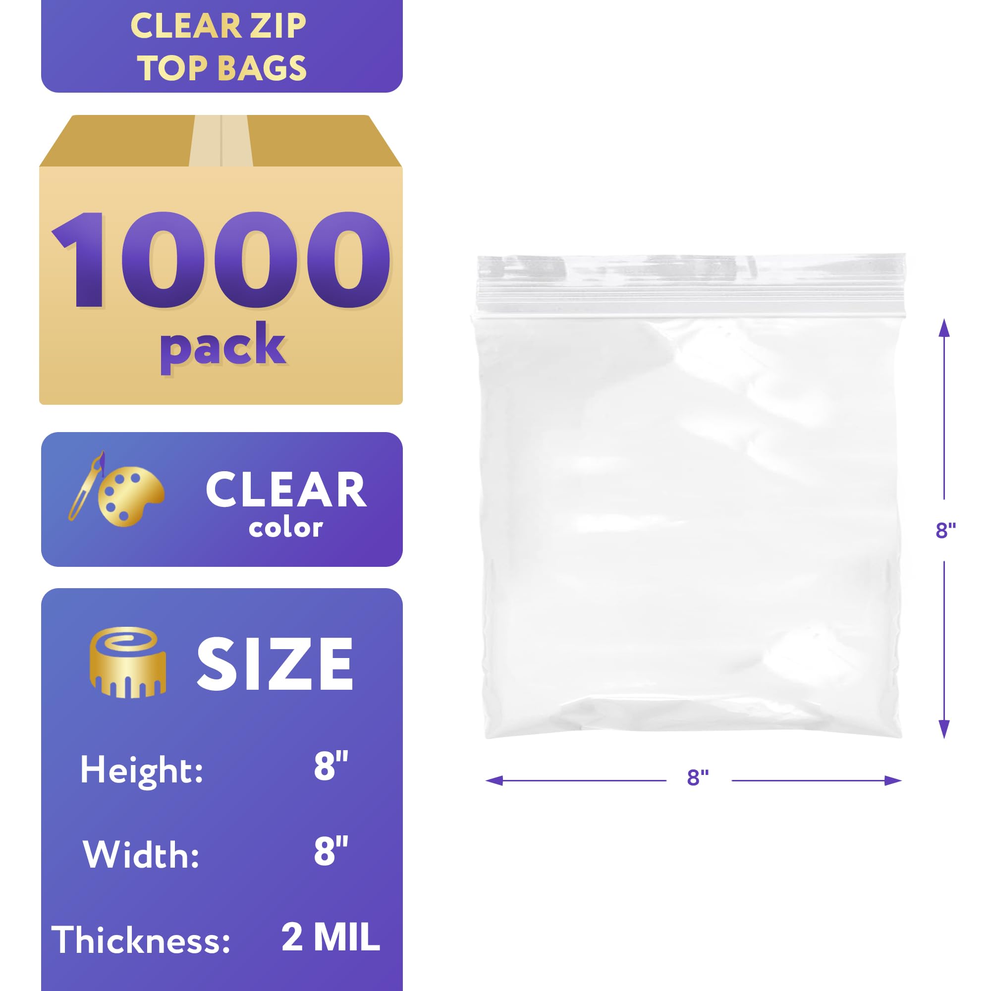 1000 Pack 8x8 Inch Clear Reclosable Plastic Zipper Bags - 2 Mil Thick Waterproof Resealable Poly Bags for Storage, Organizing Jewelry, Pills, Weed, Samples & Small Items - Perfect for Home, Office & Travel Use