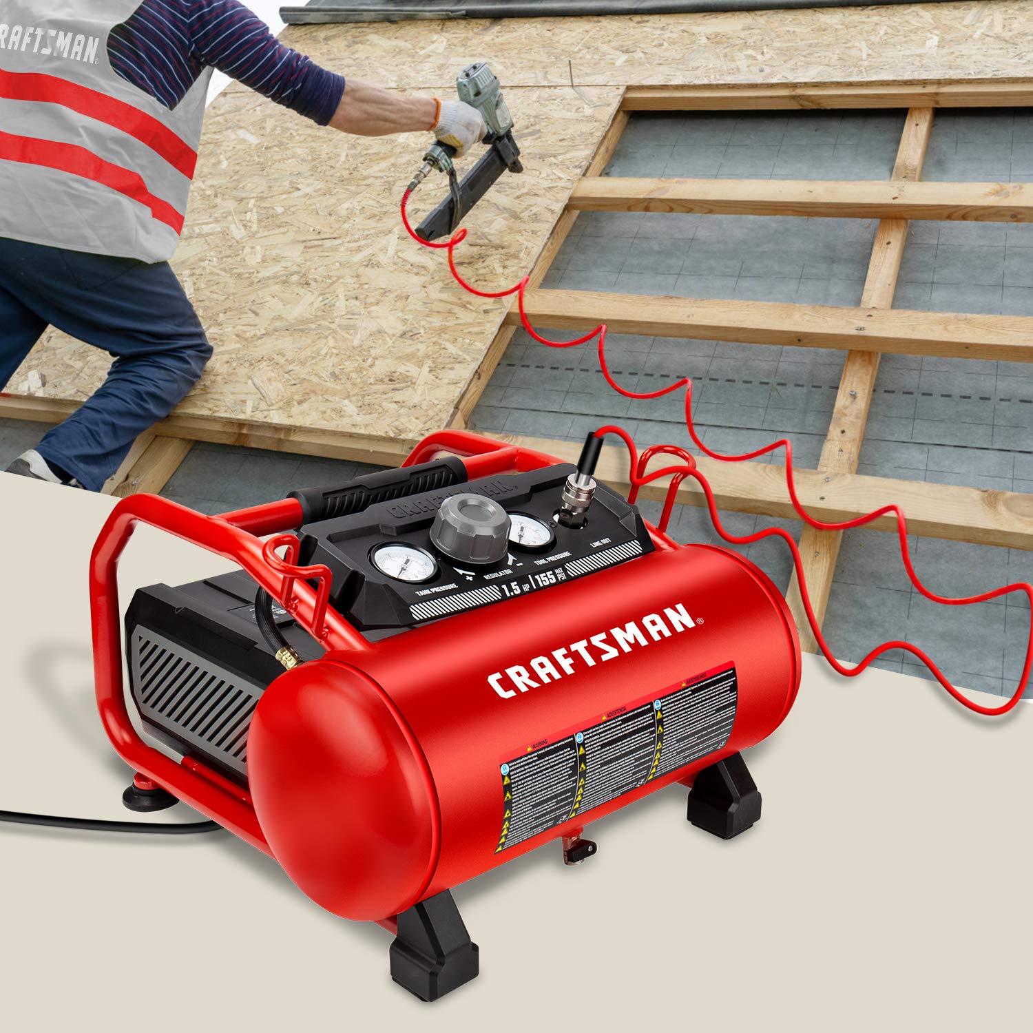 Craftsman 3 Gallon 1.5 HP Oil-Free Portable Air Compressor - 155 PSI Max Pressure, Red (CMXECXA0200341) - Ideal for Home DIY Projects, Tire Inflation, and Powering Air Tools