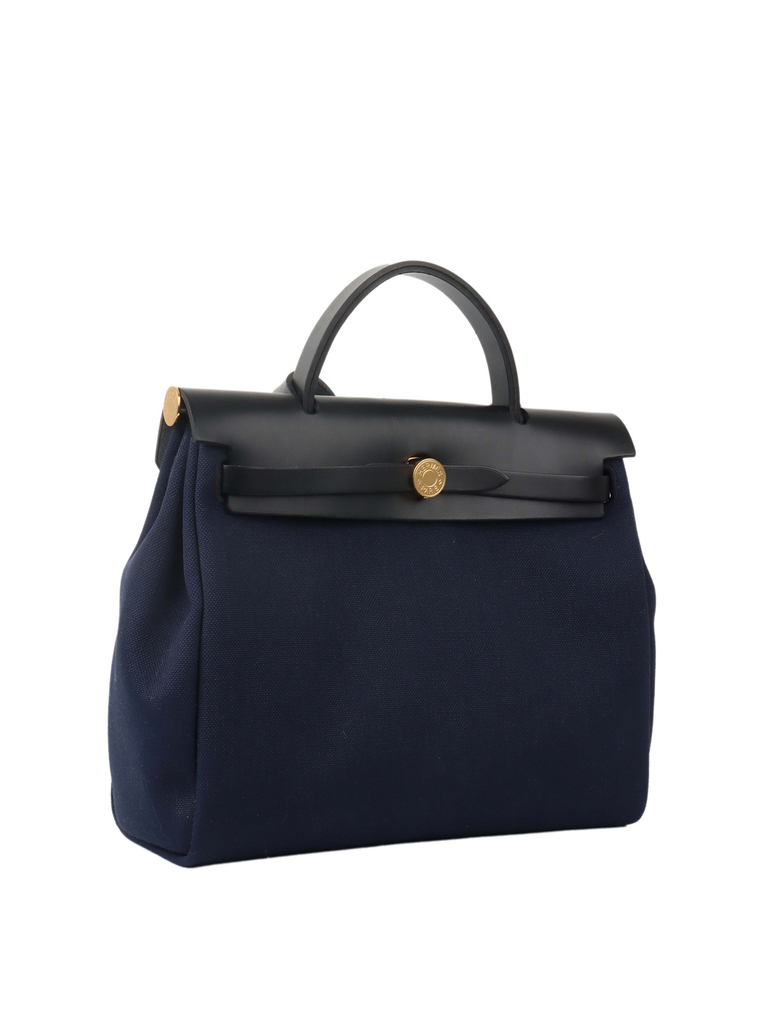 Hermes Herbag Zip 31 Backpack - Blue Marine/Black Leather Shoulder Bag for Women | Luxury Handbag for Work, Travel & Everyday Use