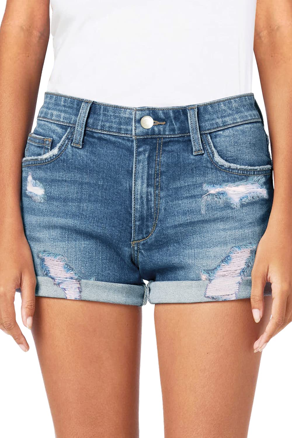 HOCAIES Women's Denim Shorts - Mid Rise Jean Shorts with Folded Hem for Juniors | Casual Summer Outfits, Beach Wear & Everyday Comfort