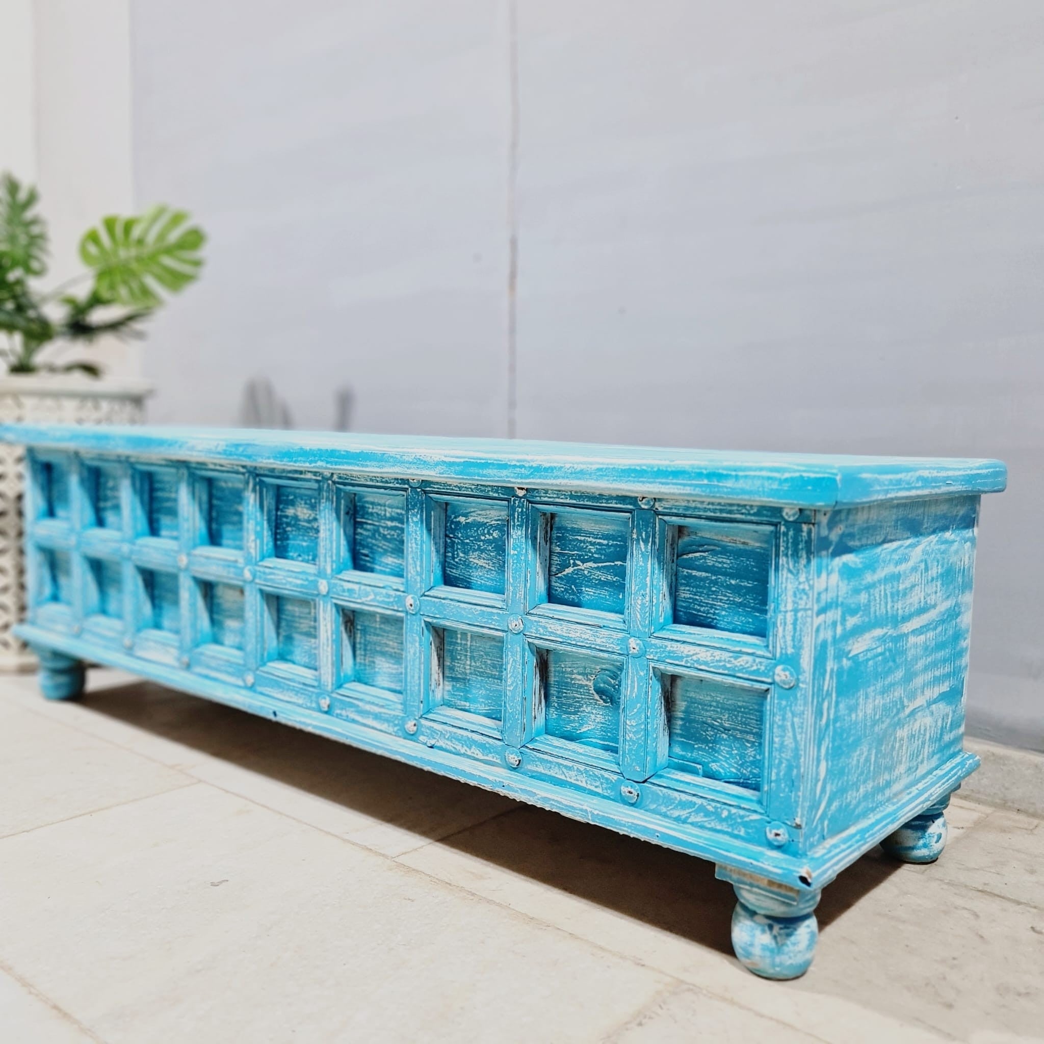 Handmade Carved Indian Solid Hardwood Blanket Chest - Rustic Blue Storage Box 55