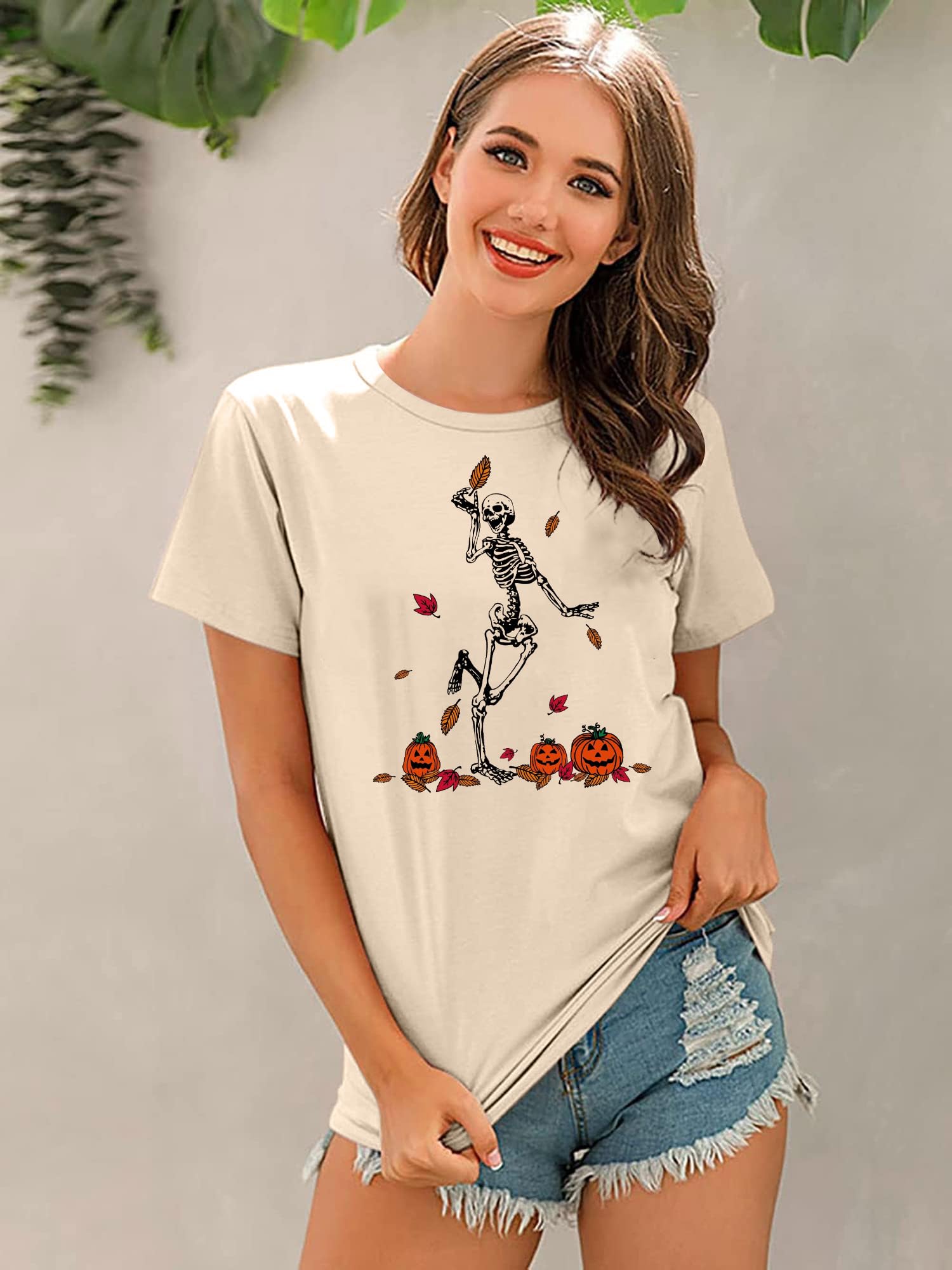 Women's Happy Halloween Dancing Skeleton T-Shirt - Fall Skull Graphic Tee Top Blouse Gift for Parties & Costume Events