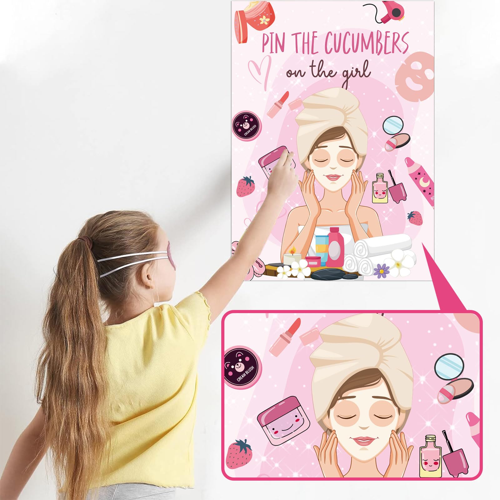 SPA Party Games Kit - Pin The Cucumbers on The Girl Game with Stickers, Poster & Blindfold - 20x27 Inch Spa Party Decorations for Kids, Girls & Women - Perfect for Makeup Parties, Birthday Parties & Girls Night Out Fun