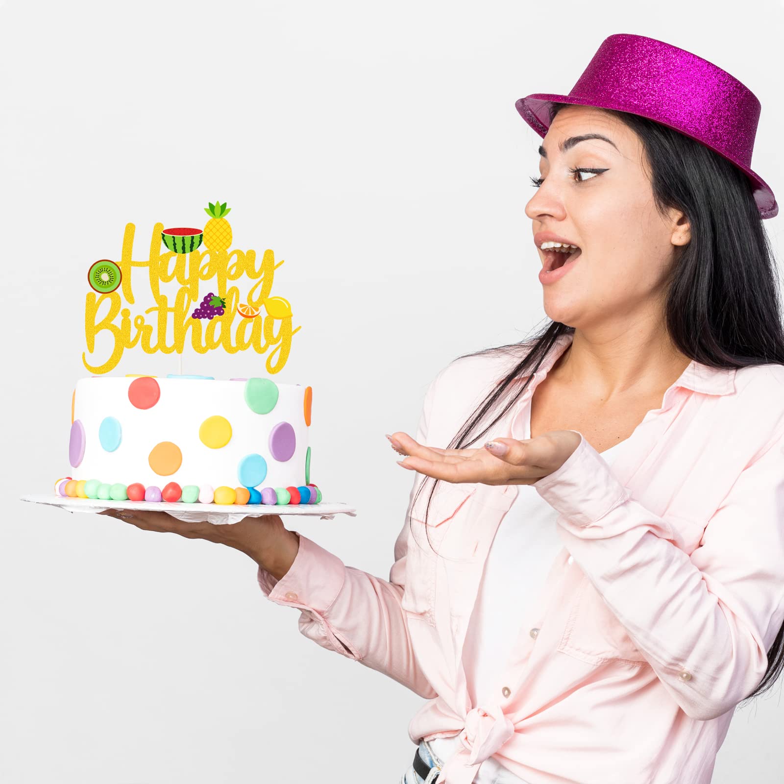 Fruit Cake Topper - Happy Birthday Cake Decorations, Summer Smash Cake Picks, Tropical Fruit Party Supplies for Boys Girls Baby Showers | Gold Dessert Decor for Birthday Parties, Baby Showers & Tropical Themed Events