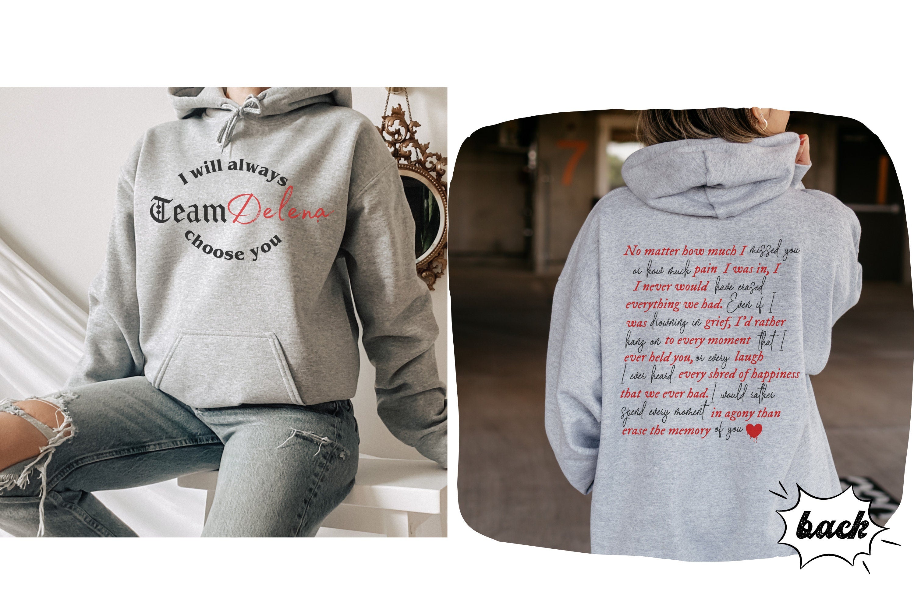 Team Delena Hoodie - Elena & Damon TVD Sweatshirt - Damon Salvatore 