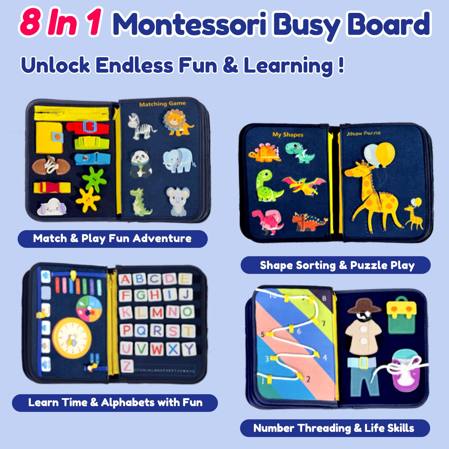 Qizfun Montessori Busy Board Book - Sensory Learning & Educational Toys for Toddlers 1-4 Years Old | Best Travel Activity Toy for Airplane & Car Rides | Perfect Birthday Gift for Boys & Girls 1-3 Years | Develop Fine Motor Skills & Early Learning