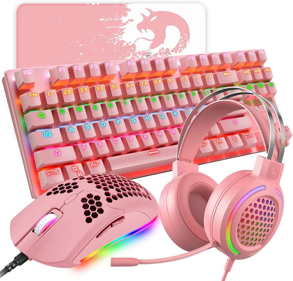4-in-1 RGB Gaming Keyboard & Mouse Combo with Honeycomb Shell Mouse & Stereo Headset - 87 Key Mechanical Keyboard, 12000 DPI Gaming Mouse for PC, Laptop - Perfect for Esports, Streaming & Office Work