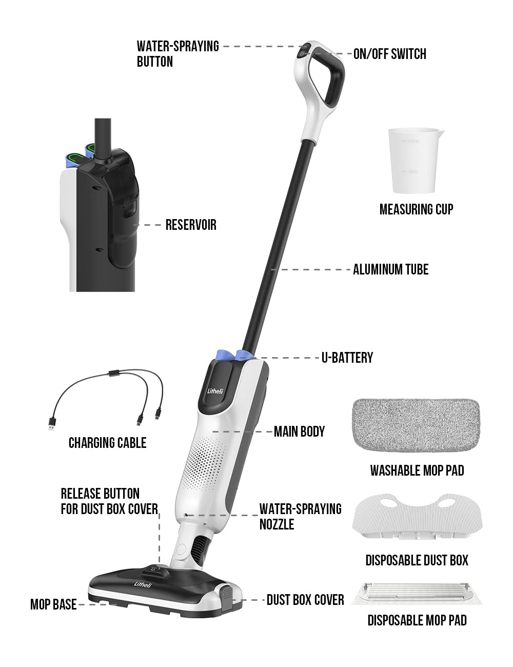 LiTHELi Cordless Vacuum Mop Cleaner - 2-in-1 Hard Floor Stick Vacuum & Wet Dry Mop with 2 Disposable Dust Boxes, 14 Pads & 4000mAh Batteries - Perfect for Hardwood, Tile & Laminate Floors Cleaning
