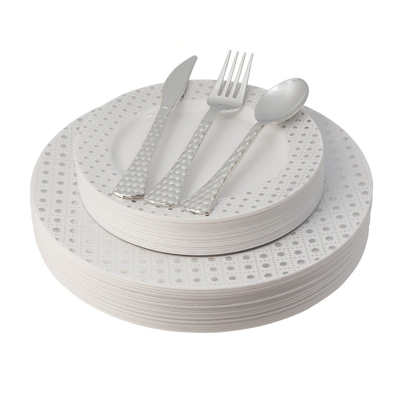 100-Piece White & Silver Round Plastic Dinnerware Set with Silverware - 20 Servings - Elegant Disposable Tableware for Parties, Weddings & Outdoor Events