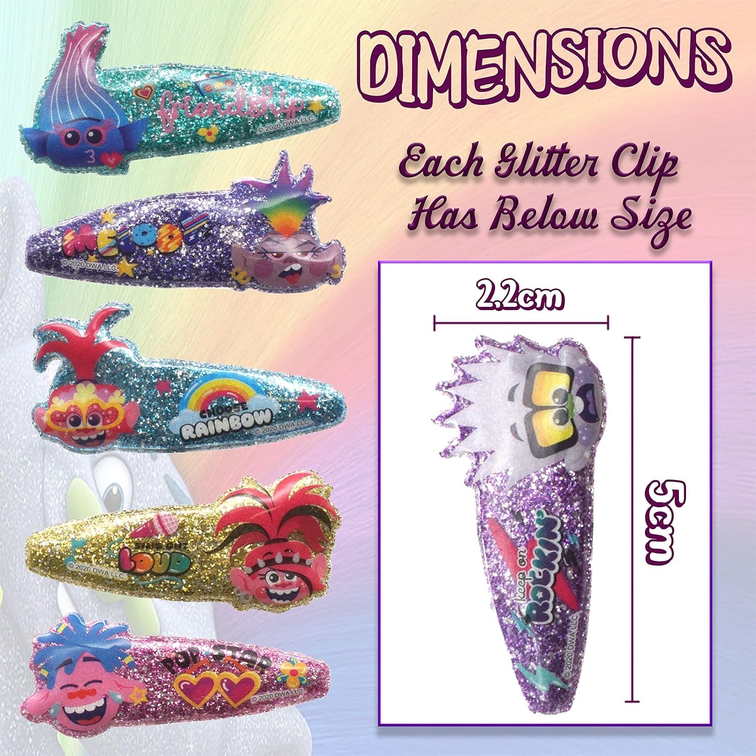 6-Pack Trolls Glitter Snap Hair Clips for Kids - Snag-Free Metal Barrettes, Non-Slip Hair Grips (5cm) - Perfect for Christmas Gifts, Birthday Parties & School Hair Accessories