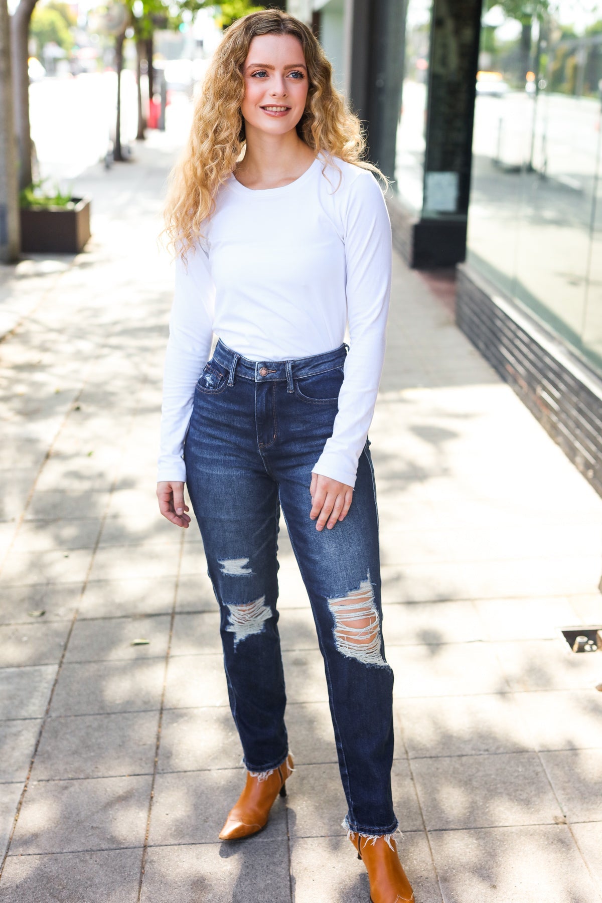 Judy Blue Women's Dark Wash Mid Rise Distressed Straight Leg Jeans - Comfortable & Stylish for Casual Wear, Work & Everyday Outfits