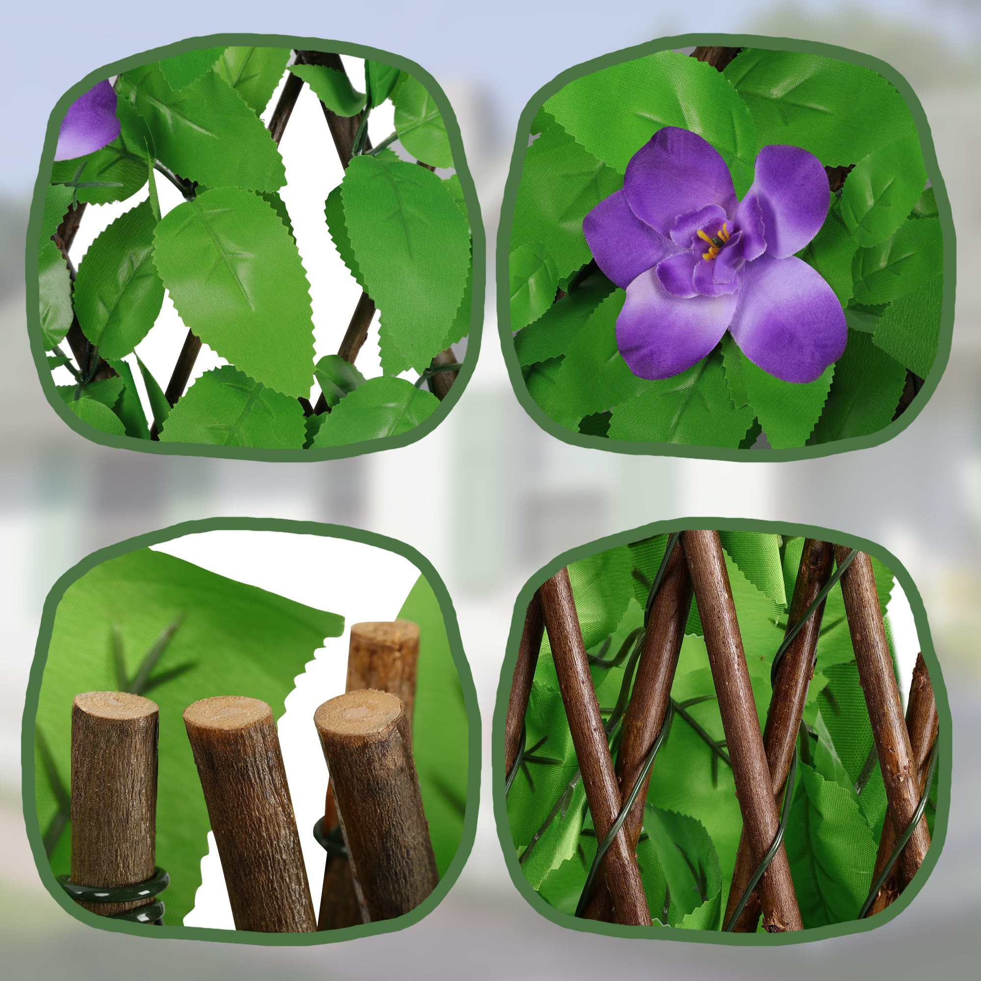 4 Pack Expandable Fence Privacy Screen - Decorative Artificial Ivy Greenery Fencing Panel with Purple Flowers for Balcony, Patio, Yard (Single Sided Leaves) | Outdoor Privacy Solution, Garden Decor, Backyard Screening